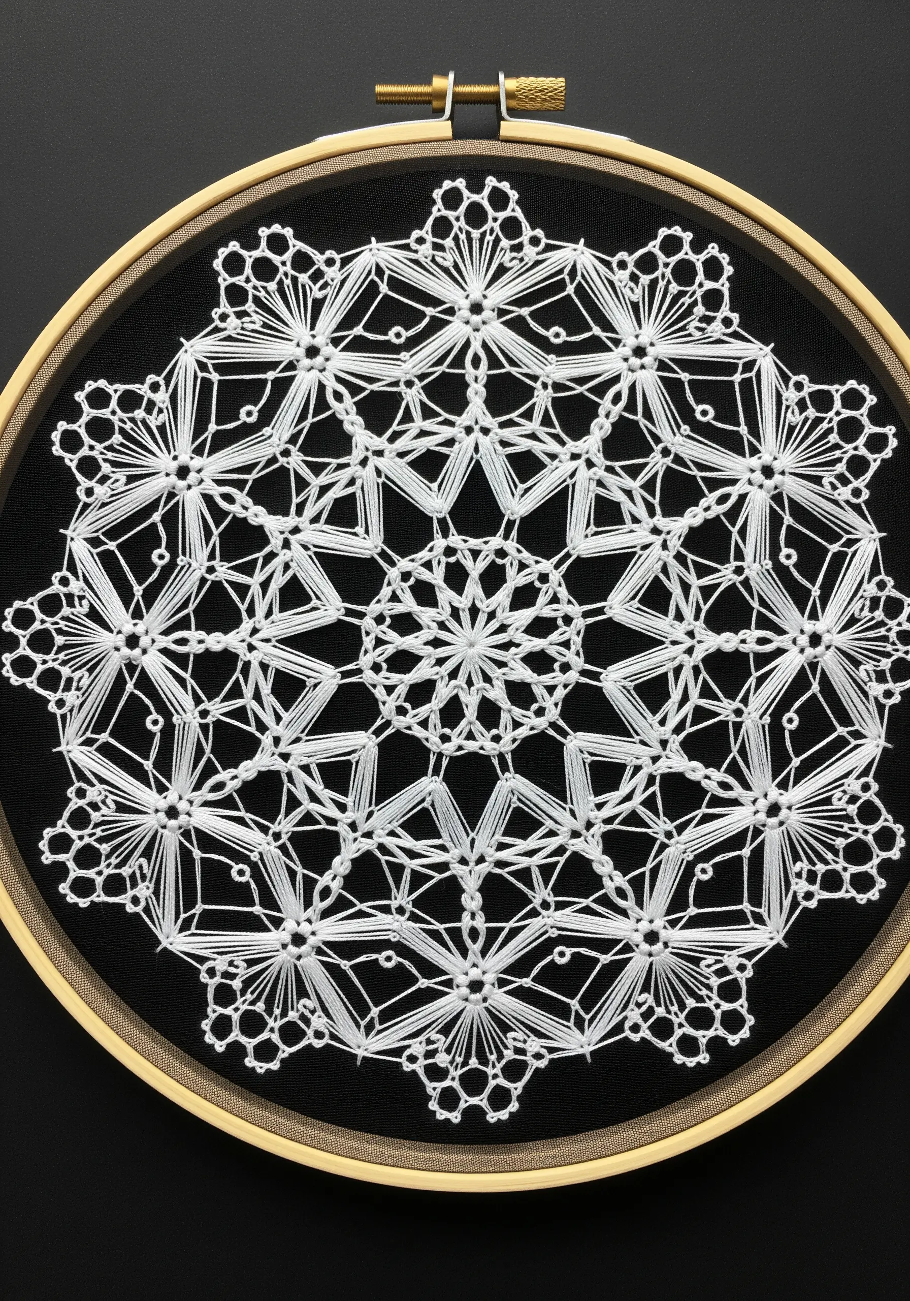 A highly intricate, lace-like geometric mandala stitched in white thread on black fabric.