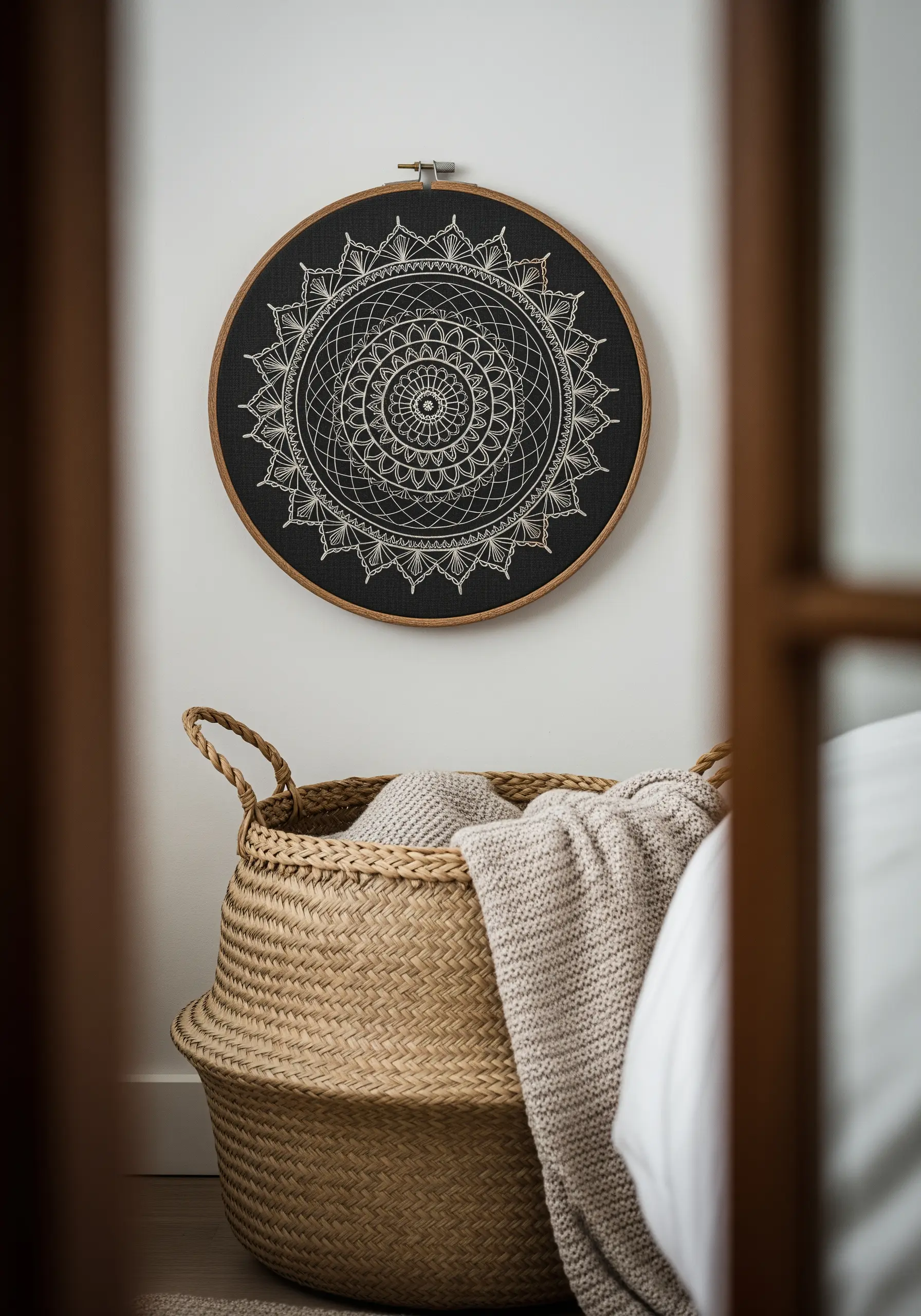 An intricate white thread mandala embroidered on black fabric in a wooden hoop.