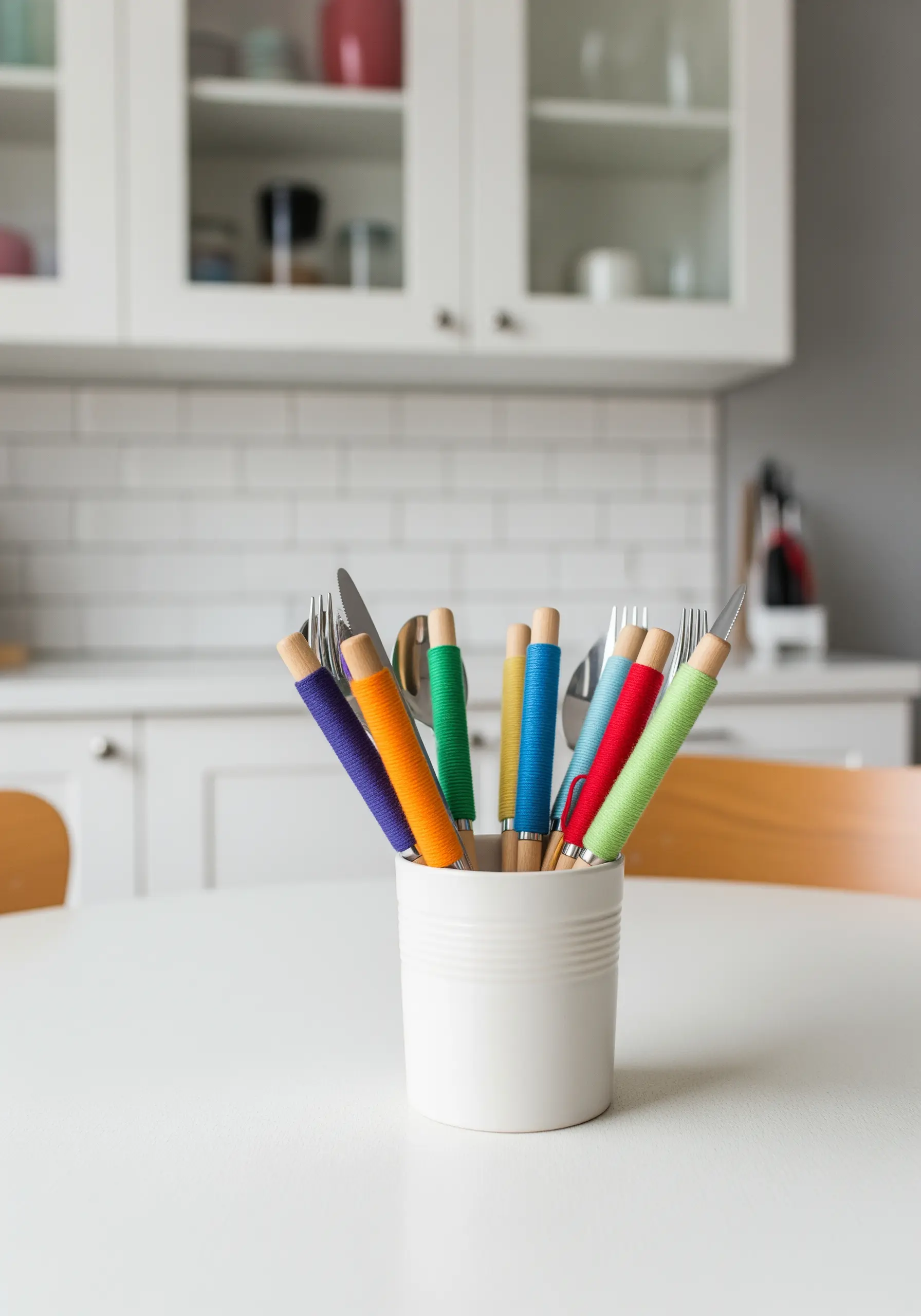 Cutlery with handles tightly wrapped in various bright colors of embroidery floss.