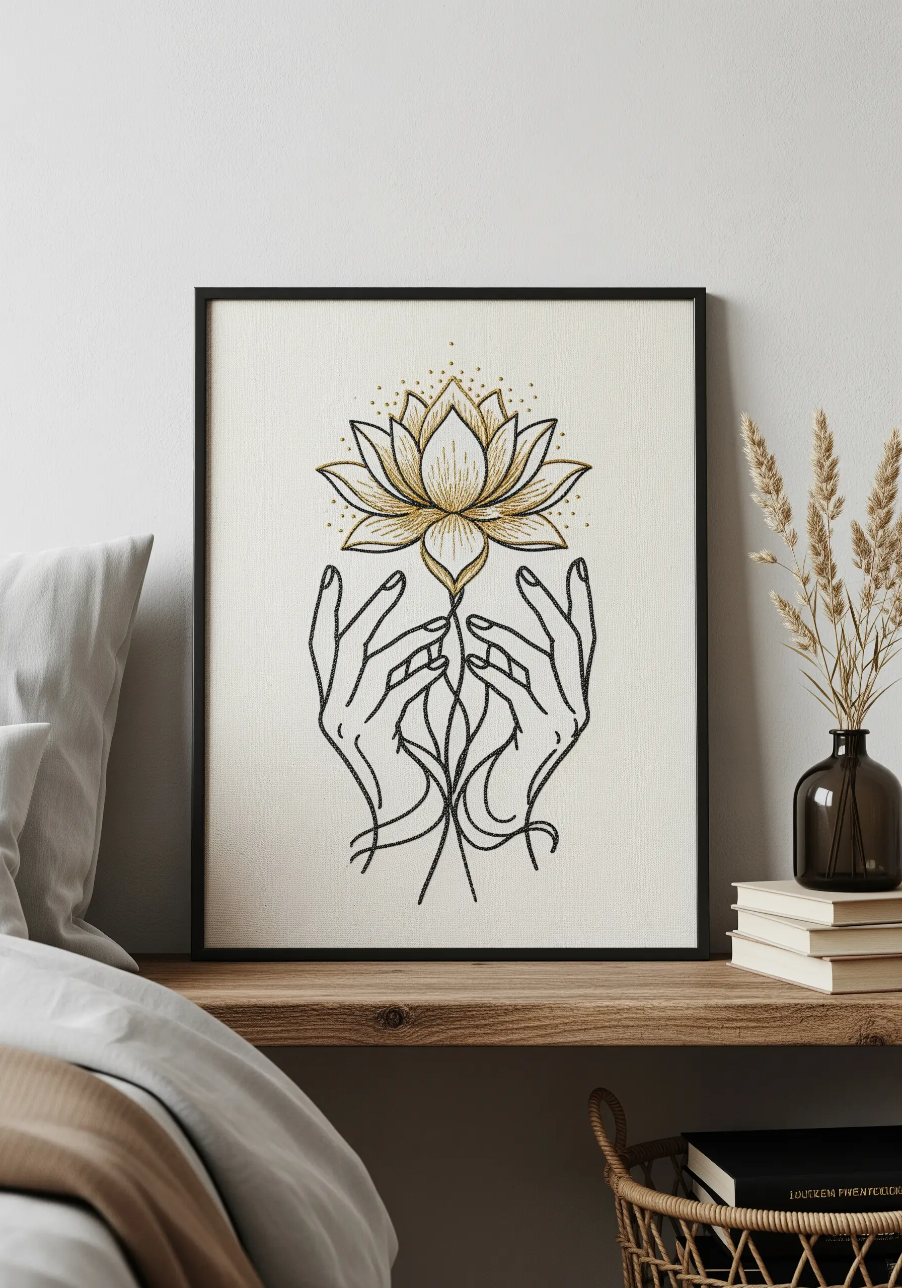 Framed embroidery of hands holding a lotus flower with gold metallic thread accents.