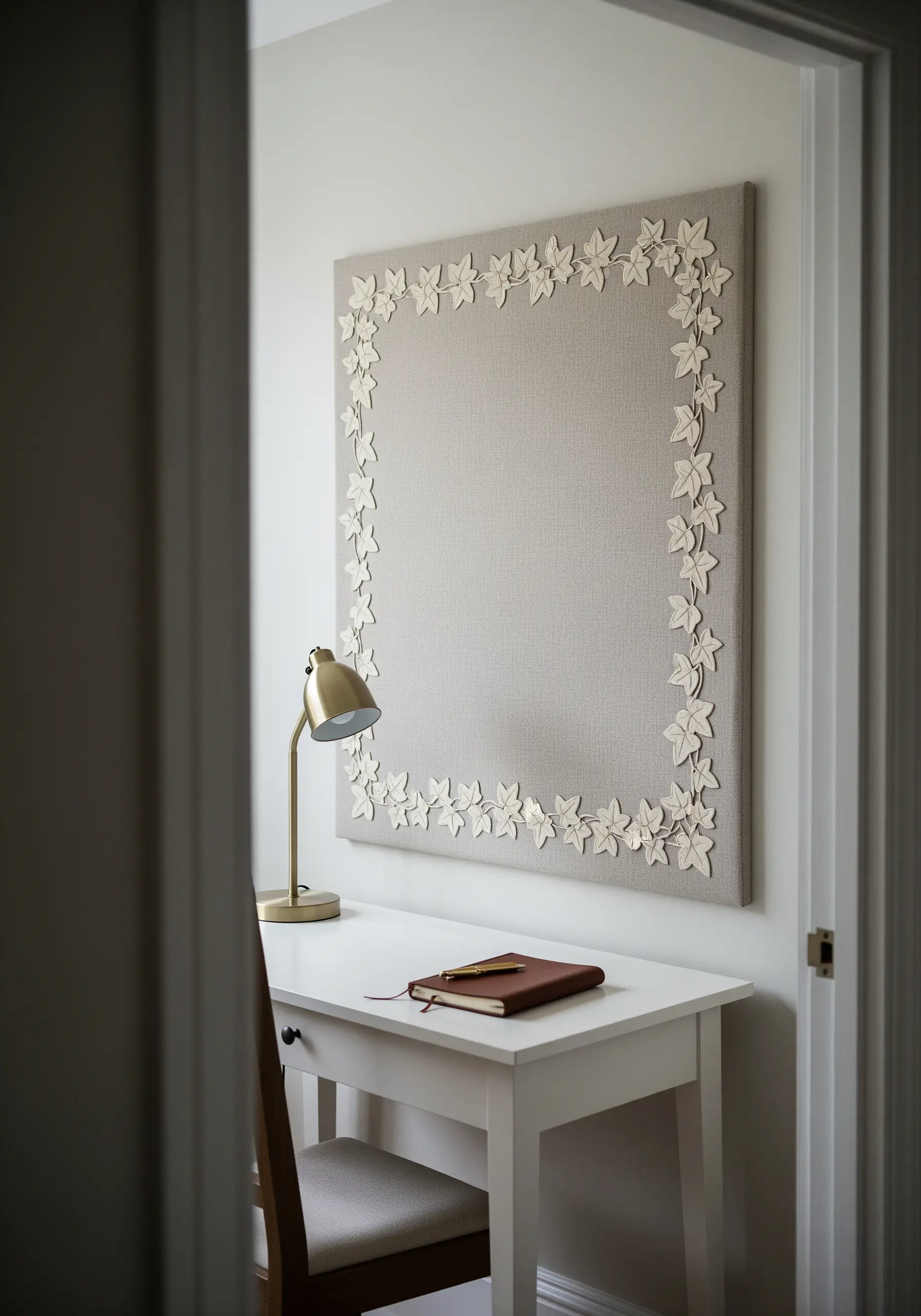 A framed textile piece with a border of 3D, raised embroidered leaves.