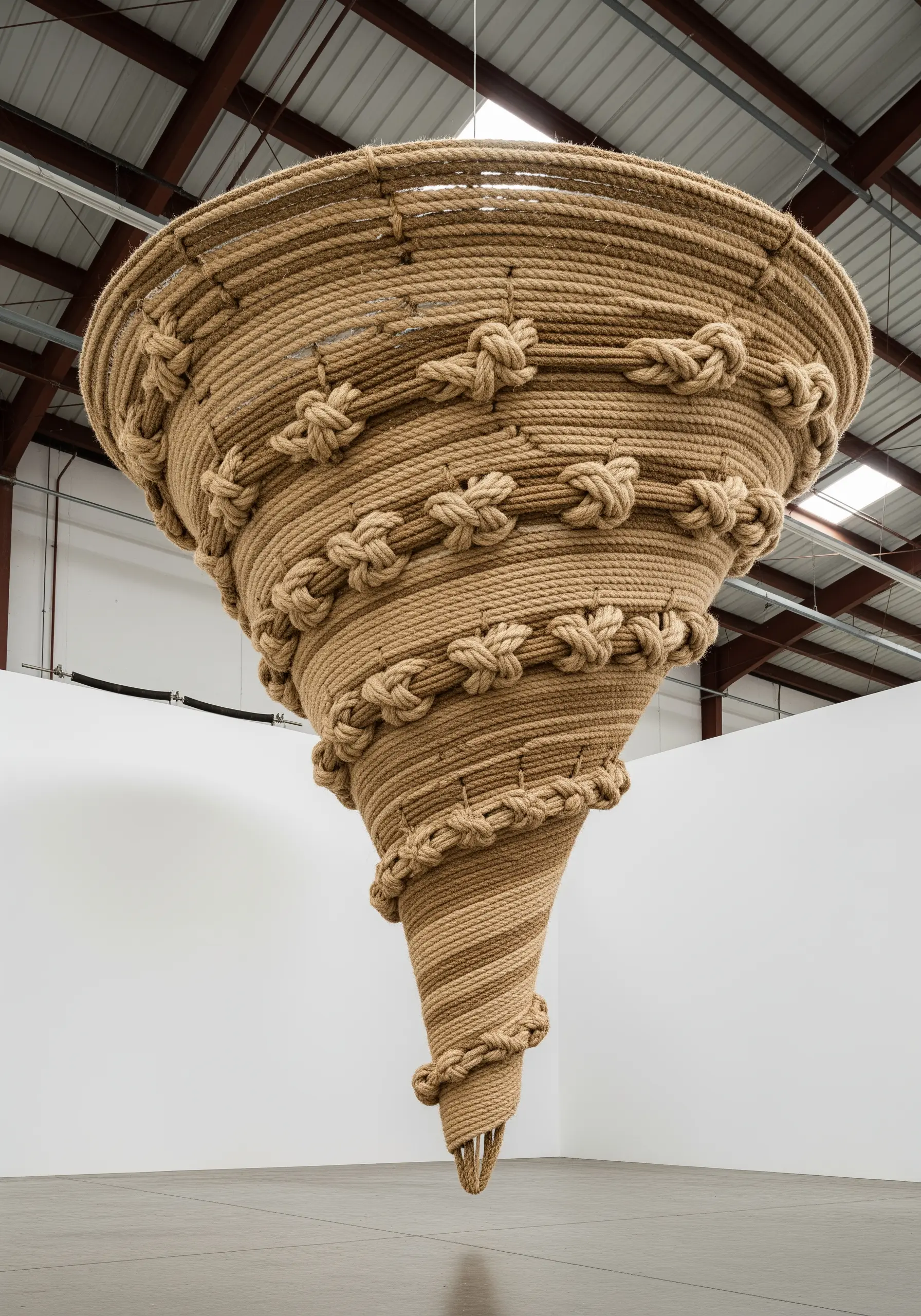 A massive, tornado-shaped sculpture made of thick, coiled rope with decorative knots.