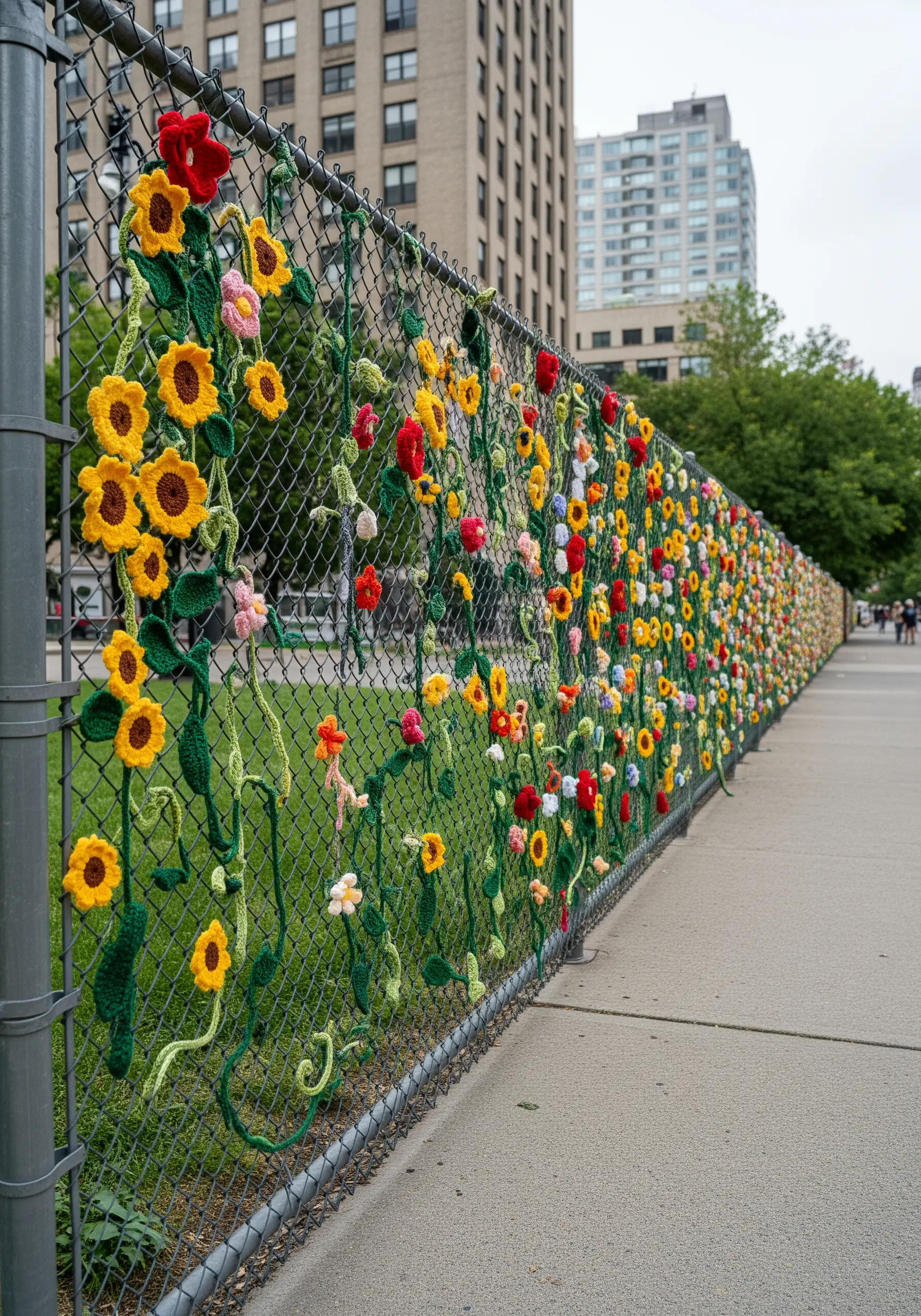 A chain-link fence decorated with a long garland of colorful crocheted flowers and vines.