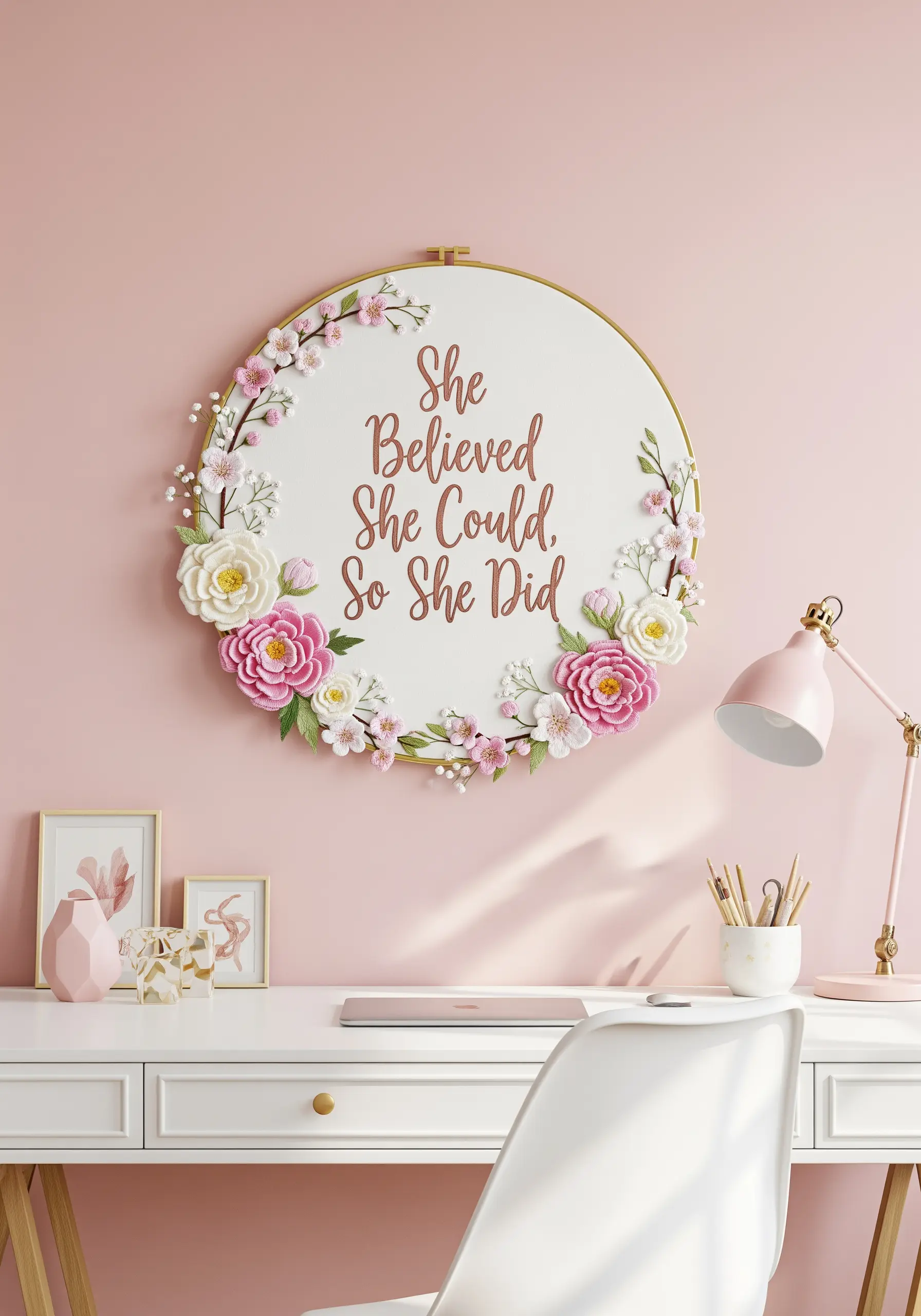 A 3D floral embroidery piece with ribbon roses and layered fabric flowers.