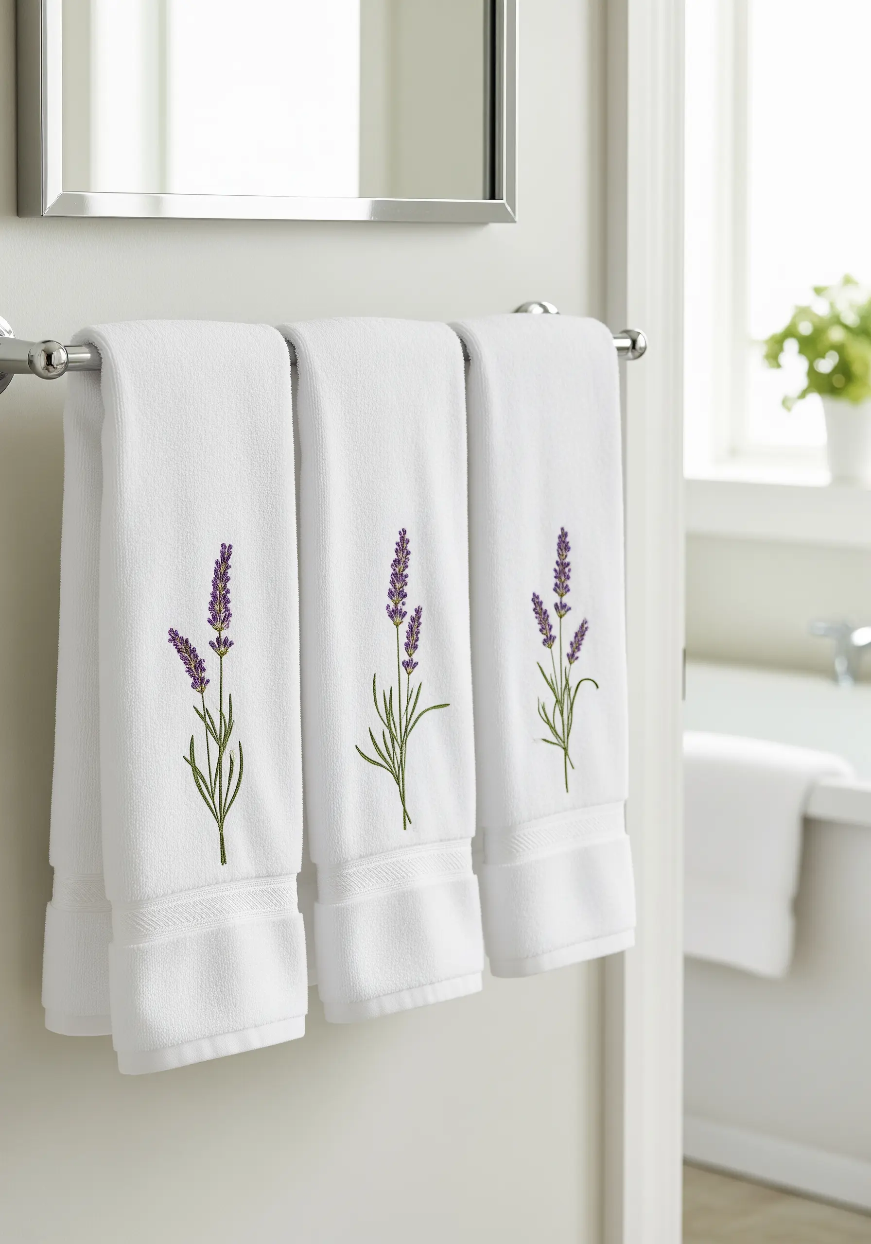 Simple lavender sprigs embroidered on the band of plush white bathroom towels.