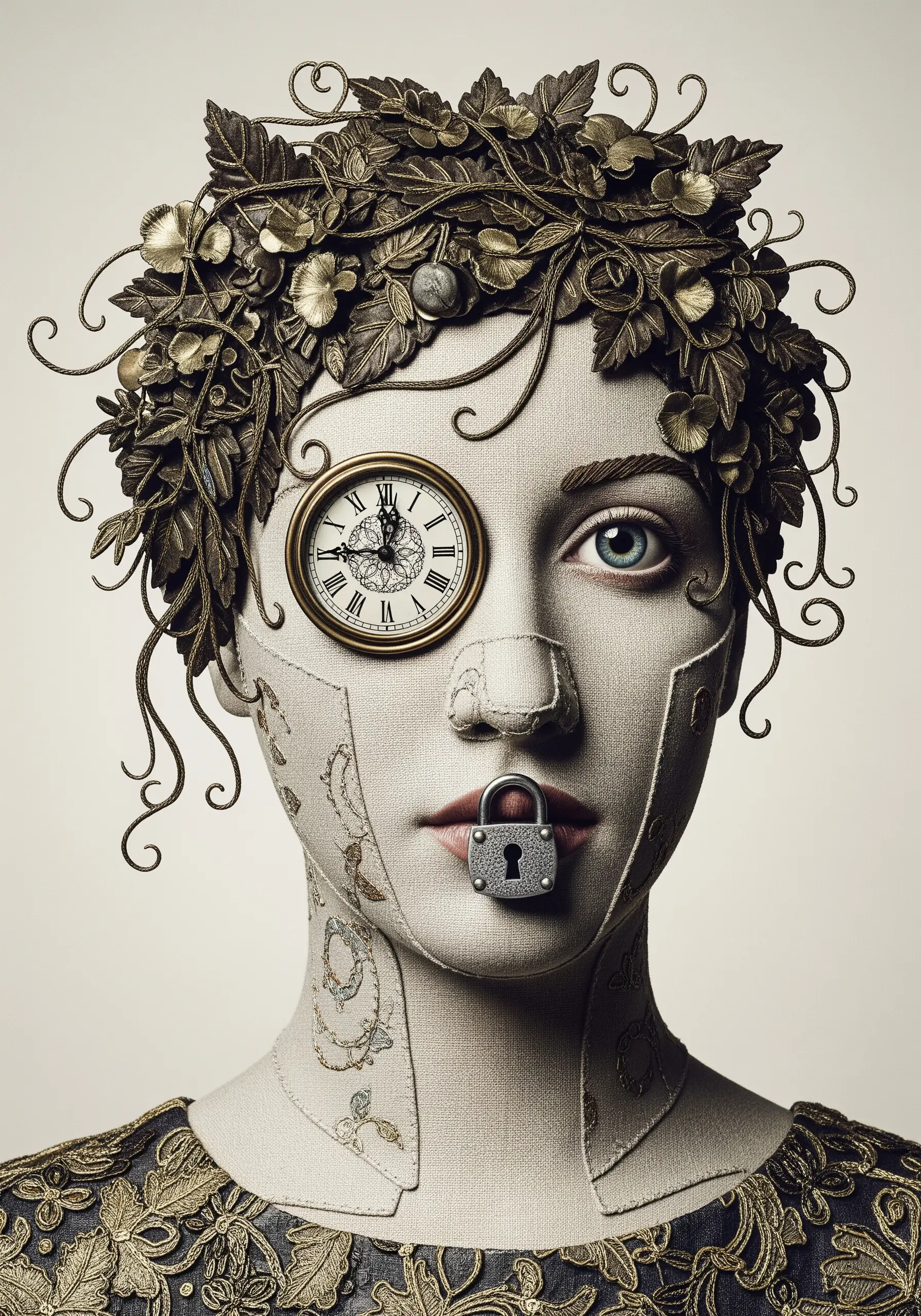 Surrealist fabric portrait with a real clock face for an eye and a metal lock on the lips.