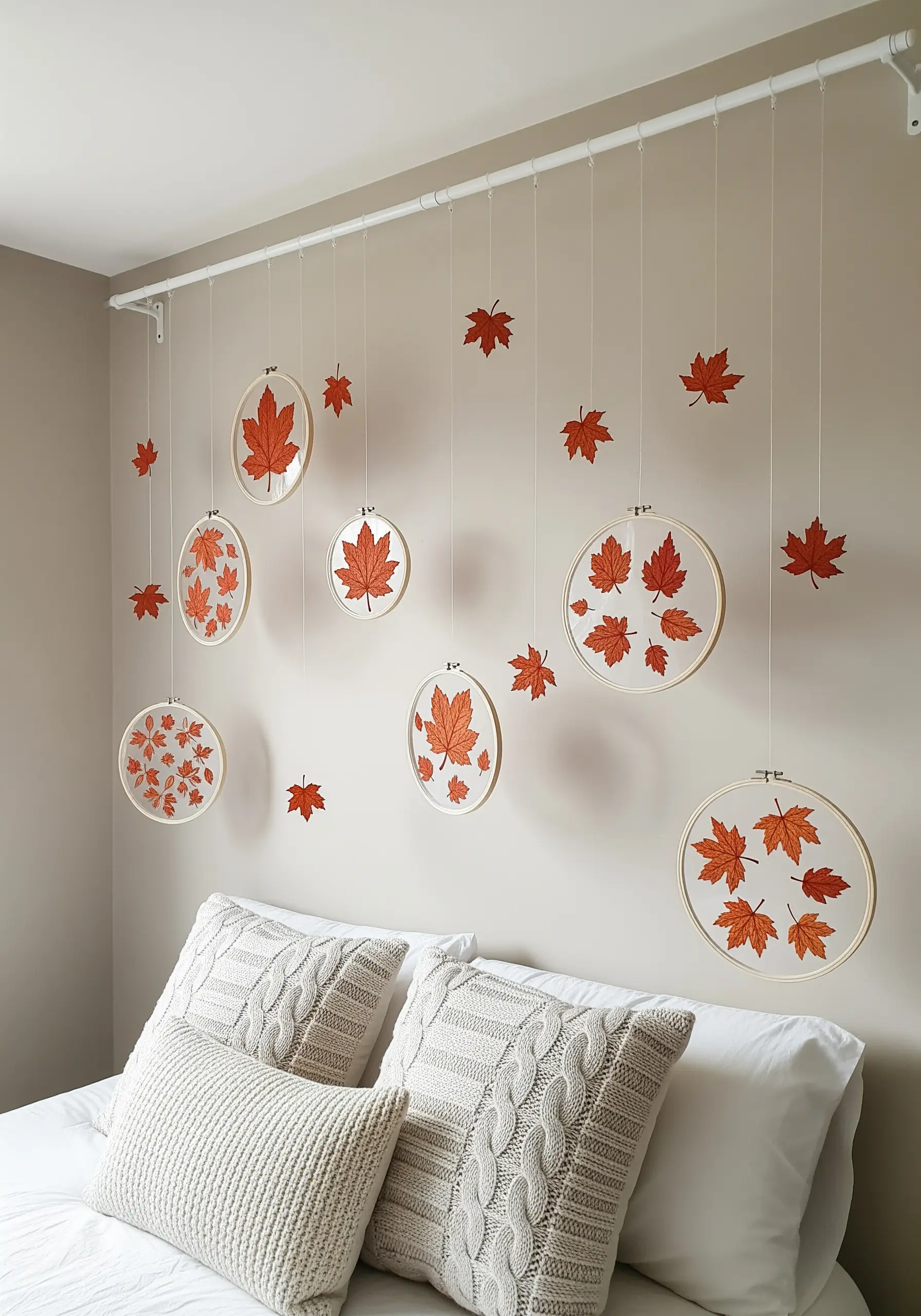 Falling autumn leaf embroidery hoops suspended on invisible strings