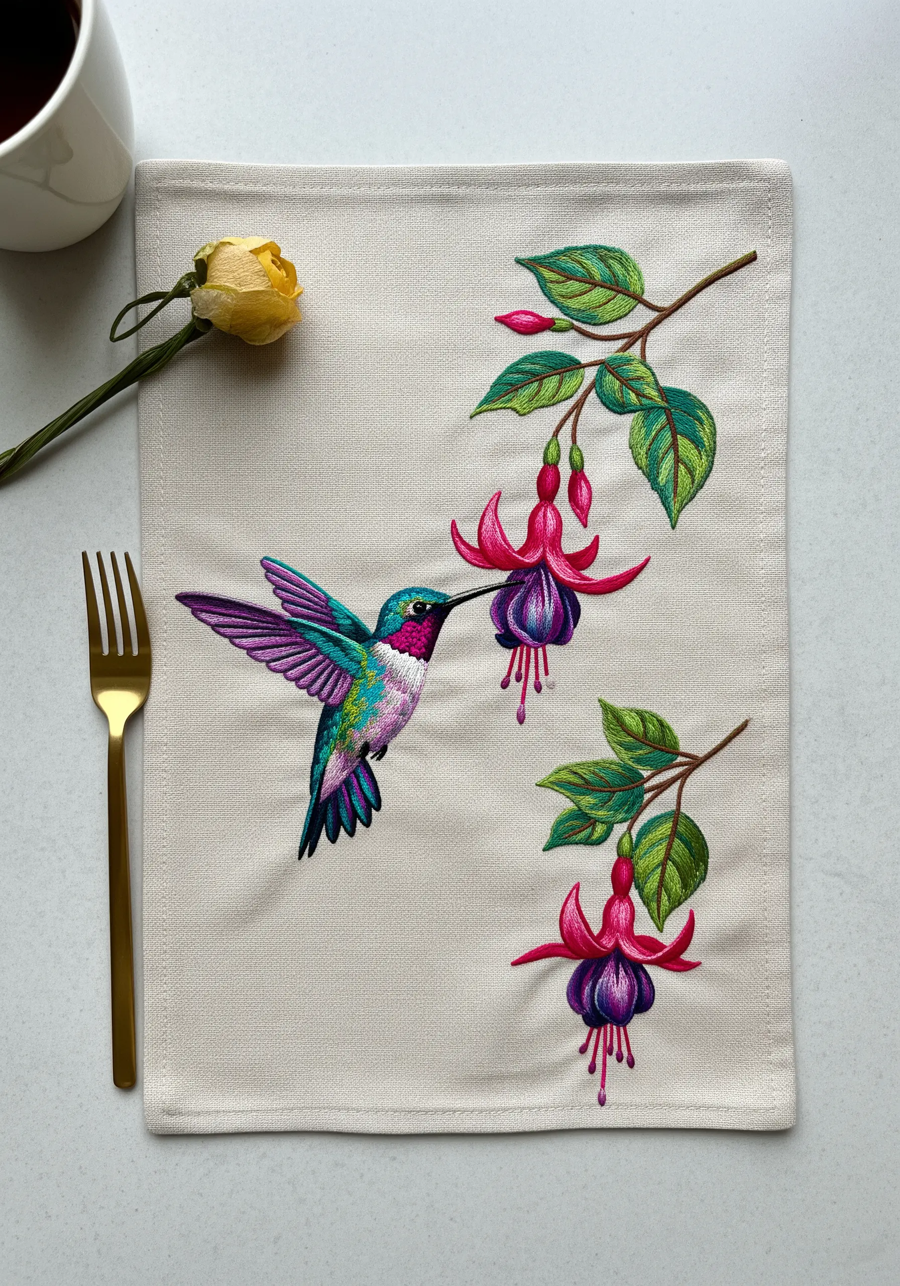 A detailed, thread-painted hummingbird sipping nectar from a fuchsia flower.