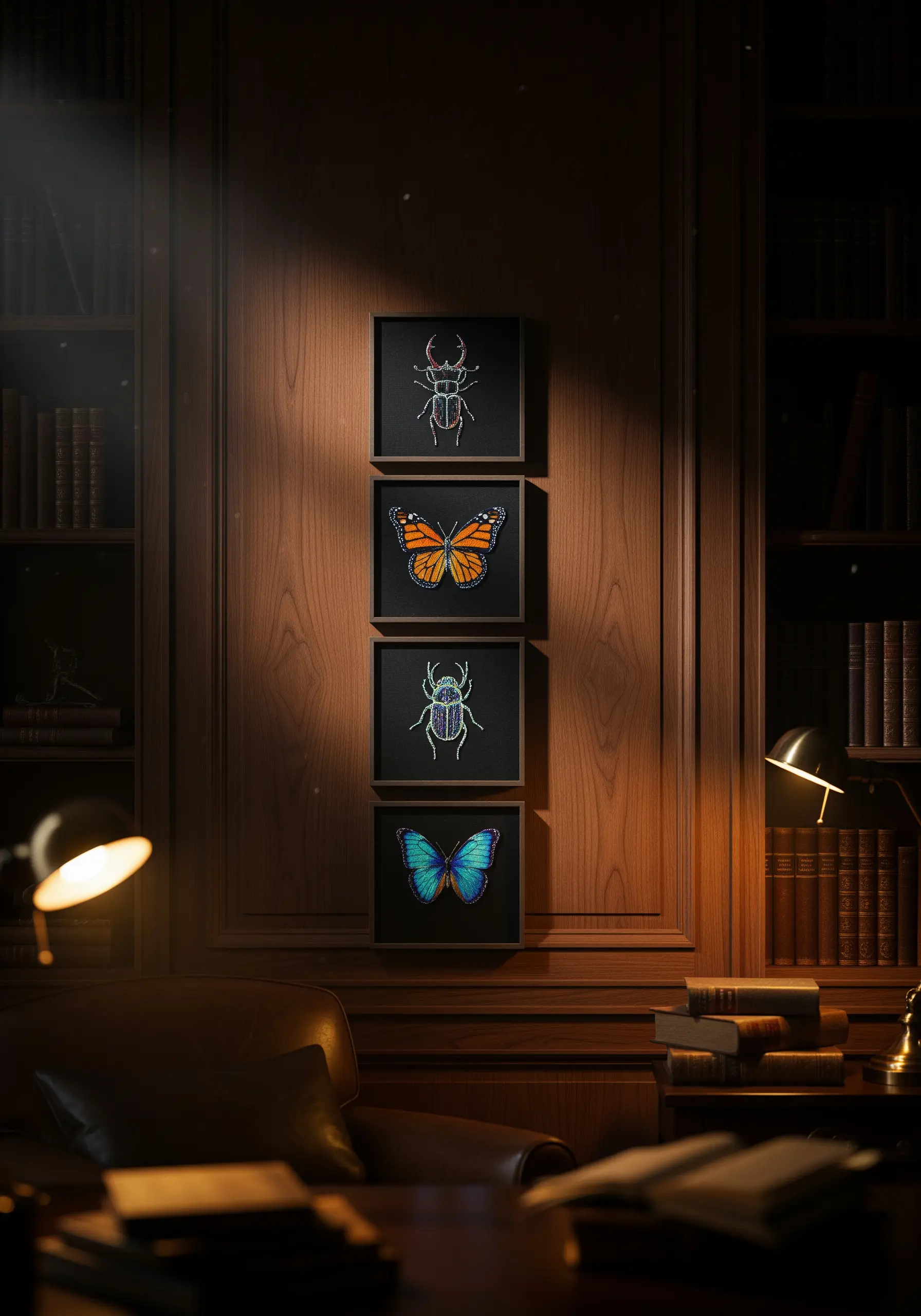 Realistic beetle and butterfly embroidery on black square frames