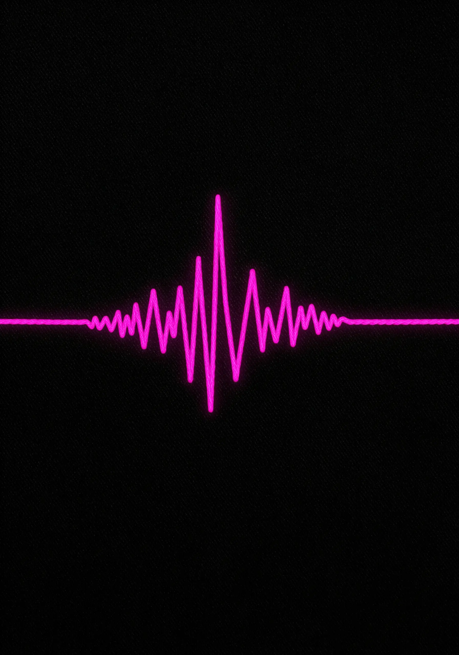 A bright pink neon soundwave stitched across a black fabric background.