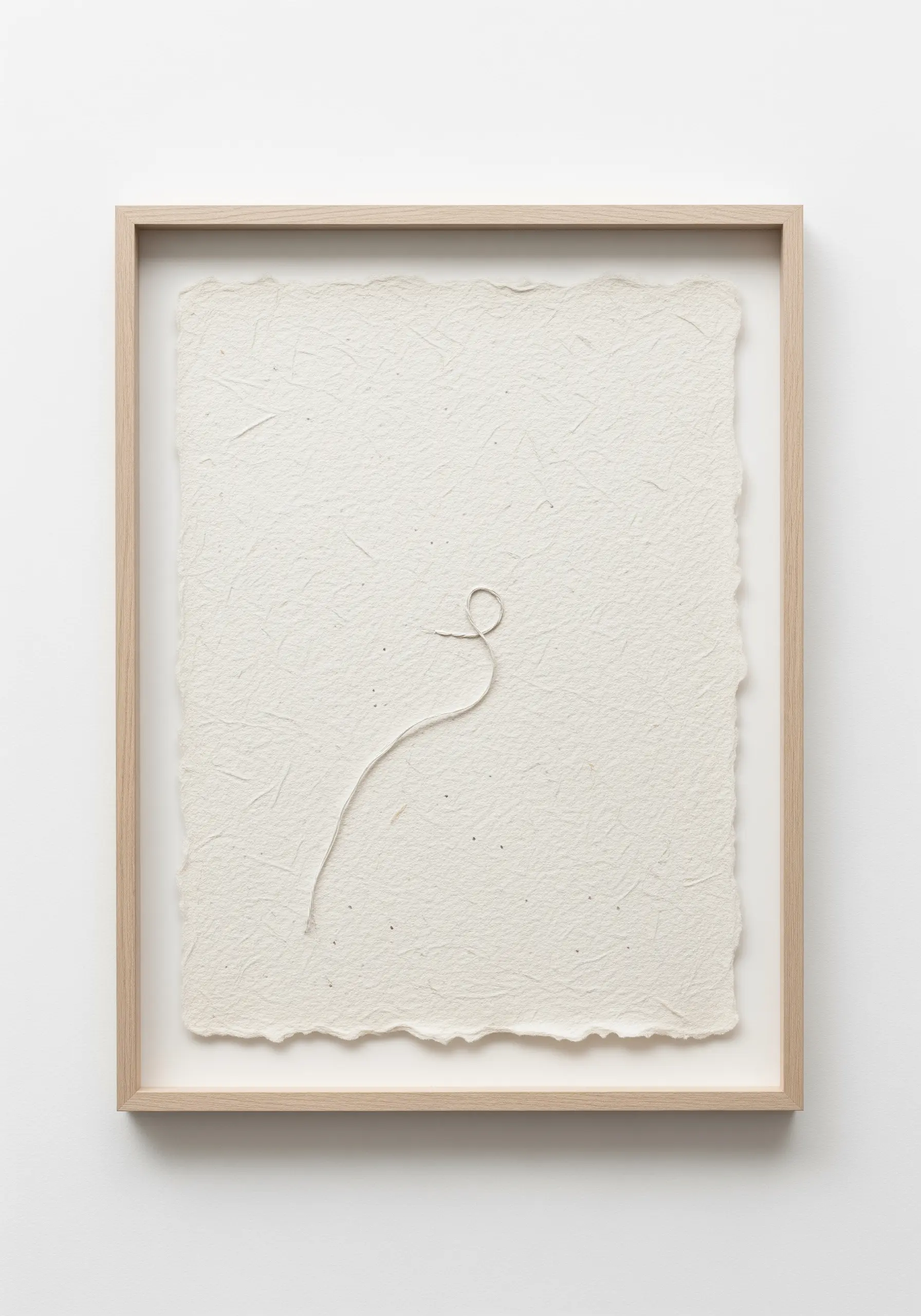 A single piece of thread with a loop stitched onto textured handmade paper in a frame.