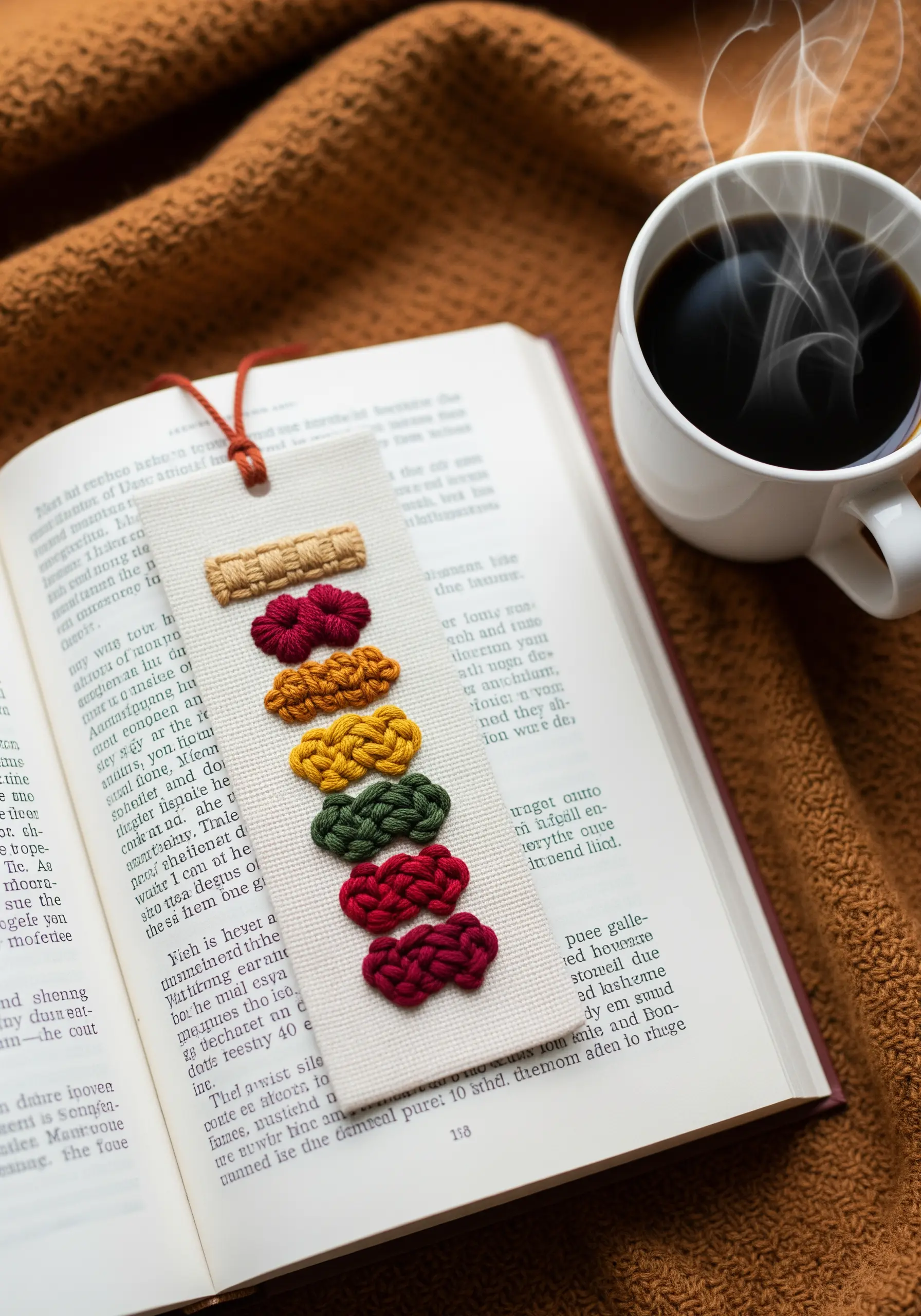 A bookmark featuring a row of colorful, highly textured knotted embroidery stitches.