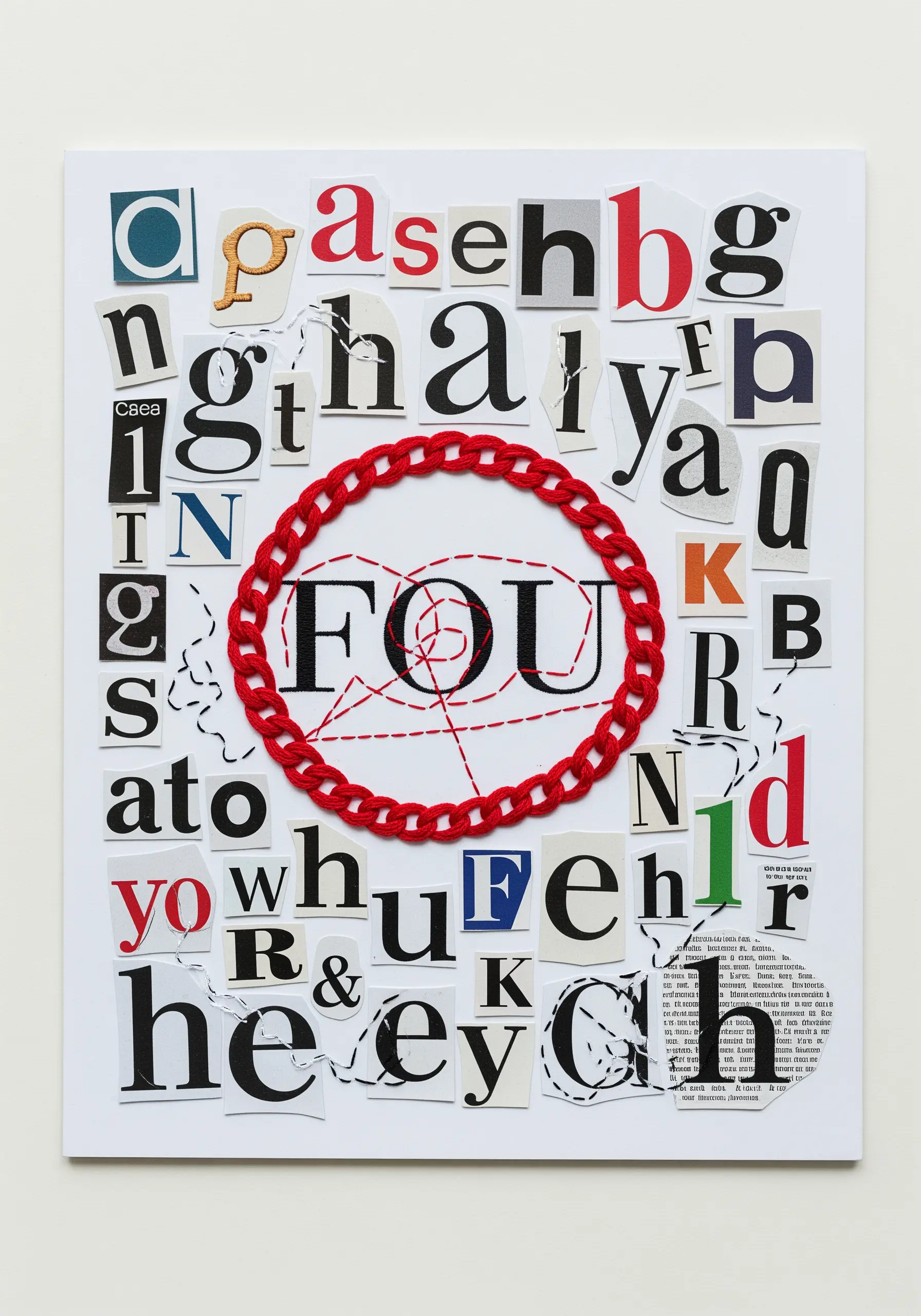 A typography collage with the word 'FOU' framed by a thick, red embroidered chain stitch circle.