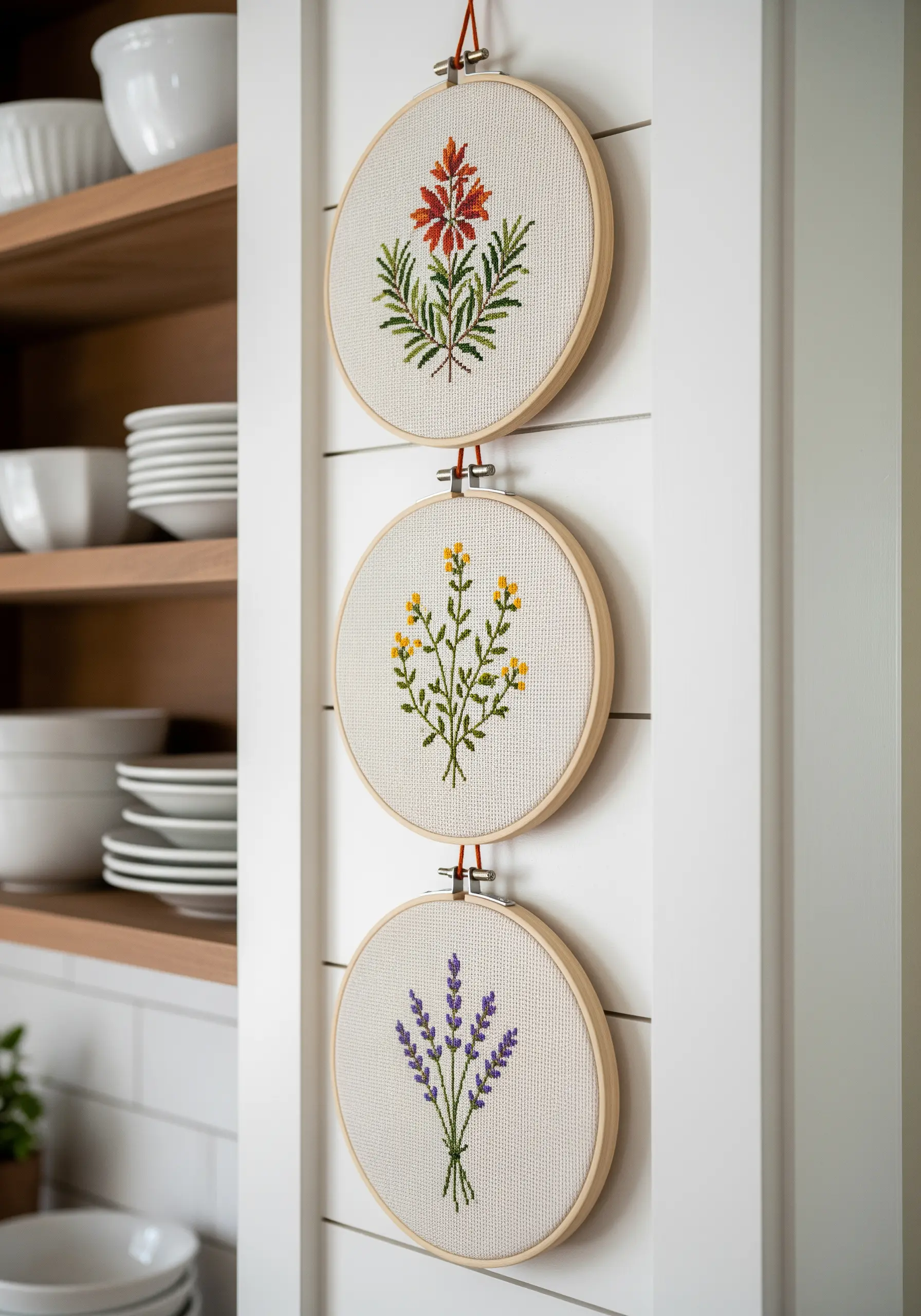Three cross-stitch hoops with different wildflowers: lavender, daisies, and a red flower.
