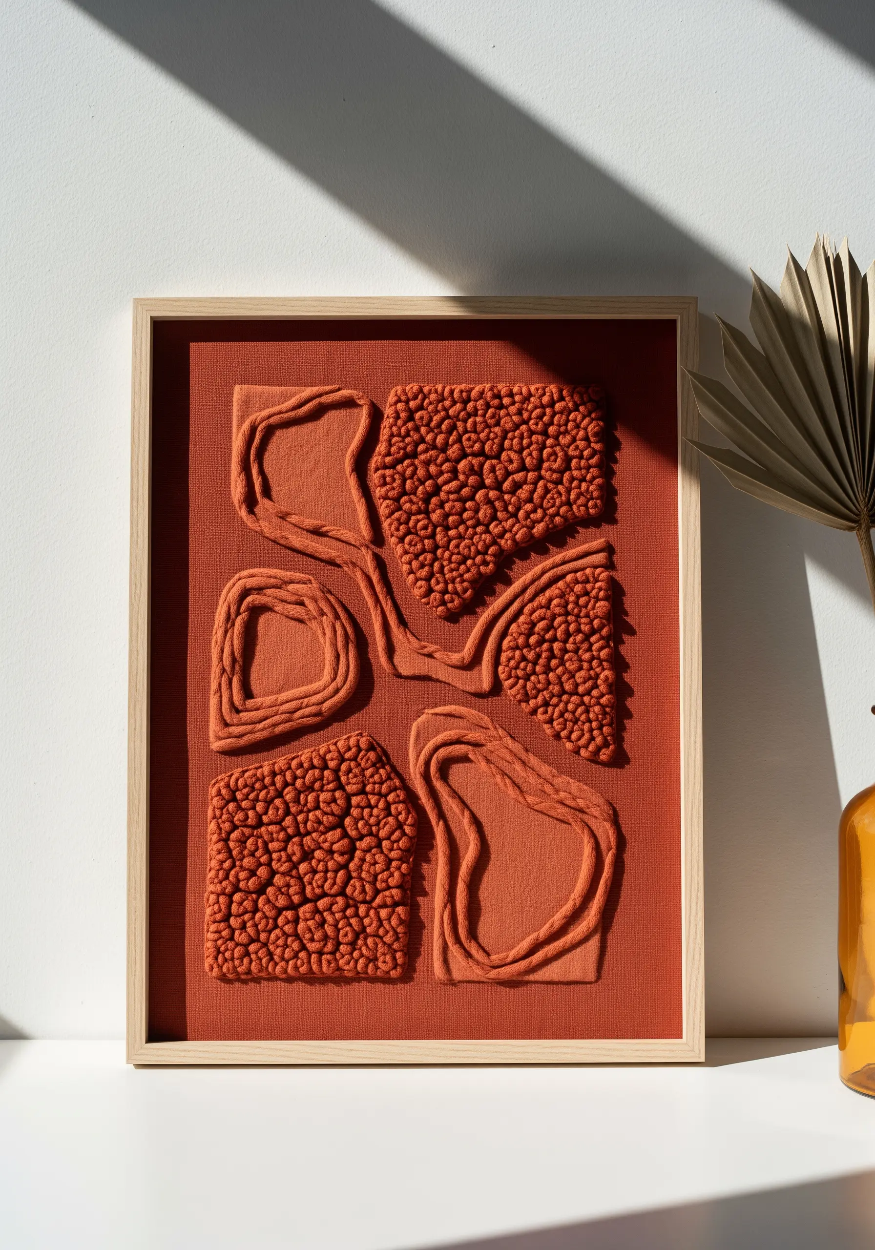 Framed abstract terracotta embroidery with raised French knot textures and smooth yarn outlines.
