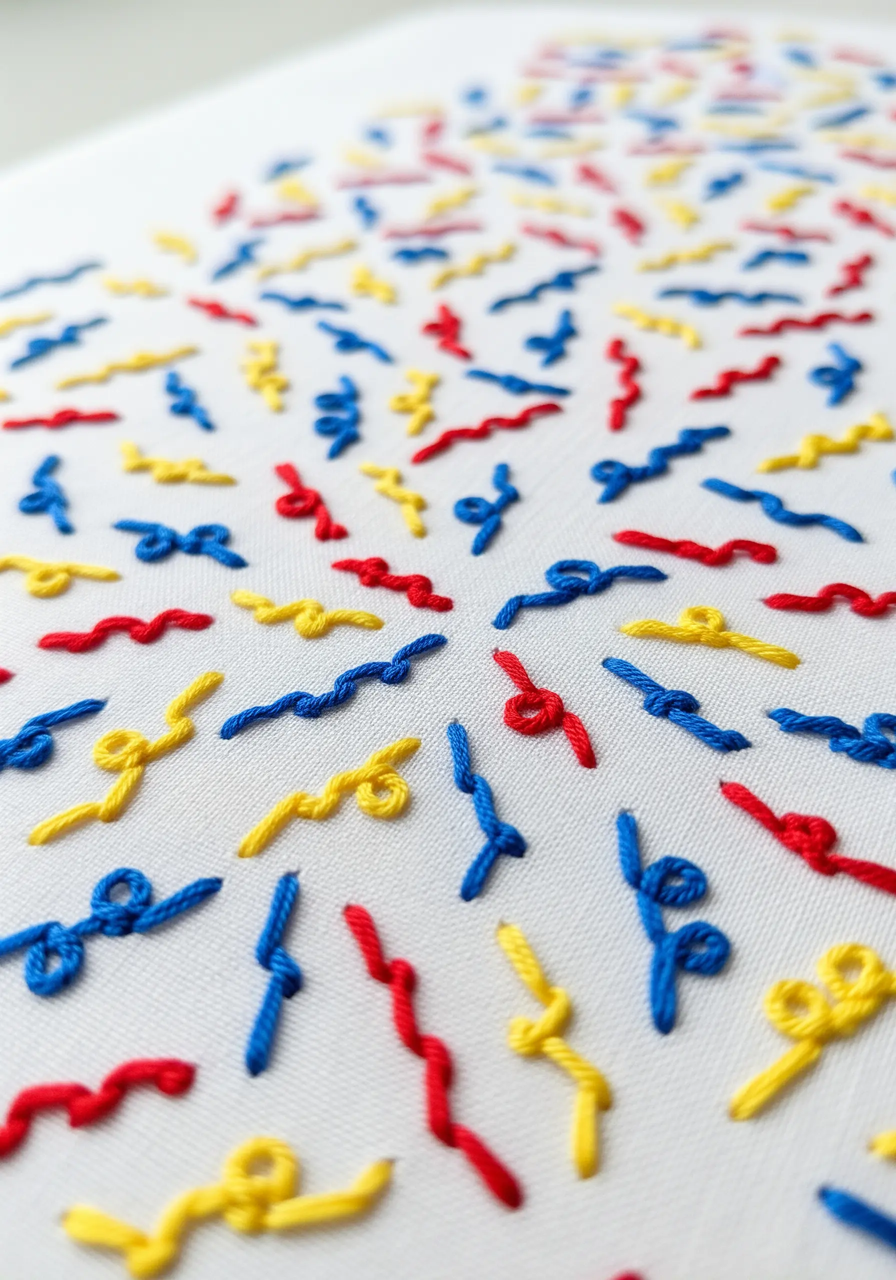 Scattered colorful worm-like embroidery stitches on white fabric