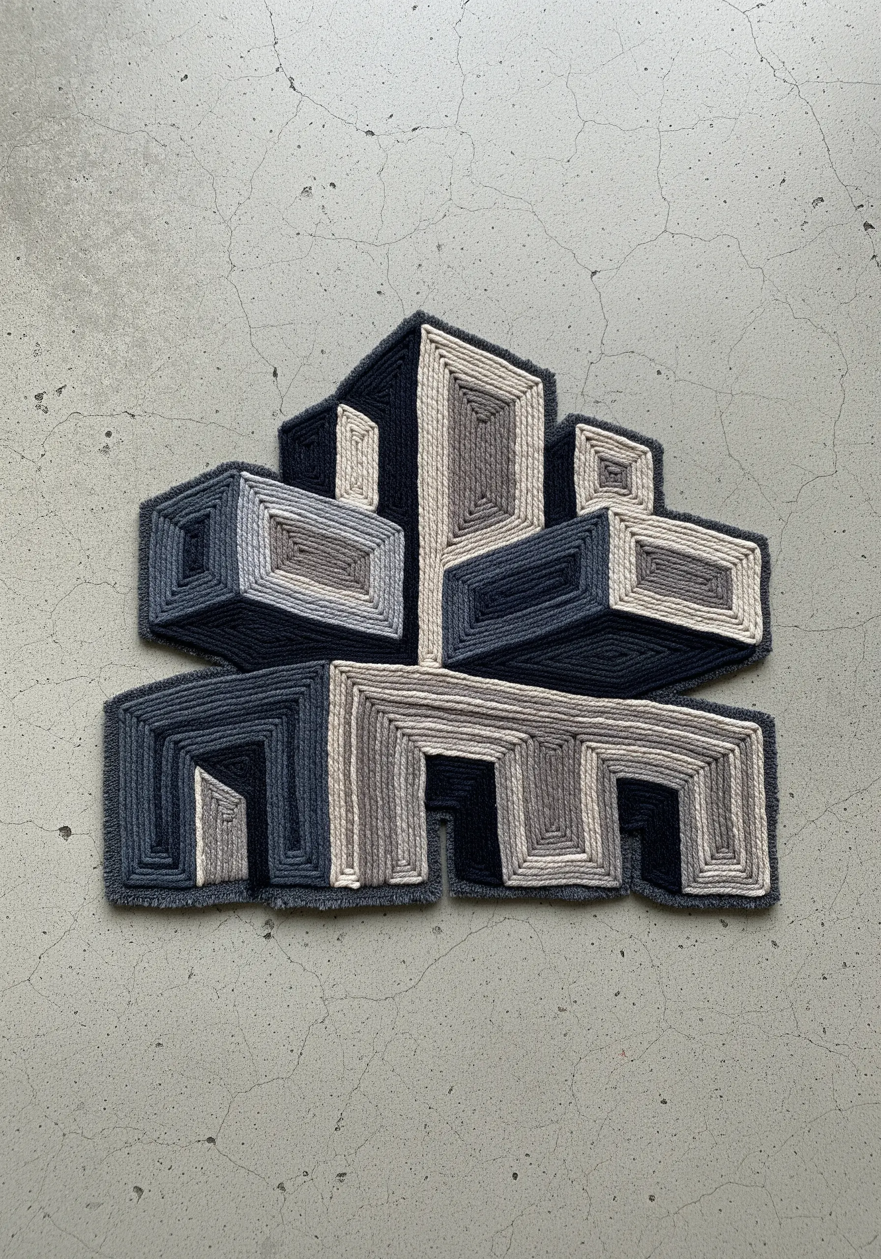 Tufted geometric architectural shapes in greyscale