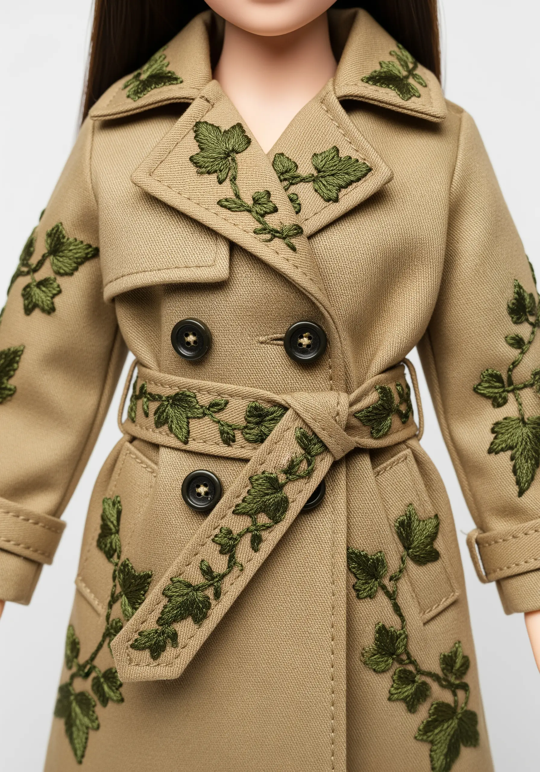Green ivy embroidery climbing along the lapels, collar, and belt of a beige trench coat.