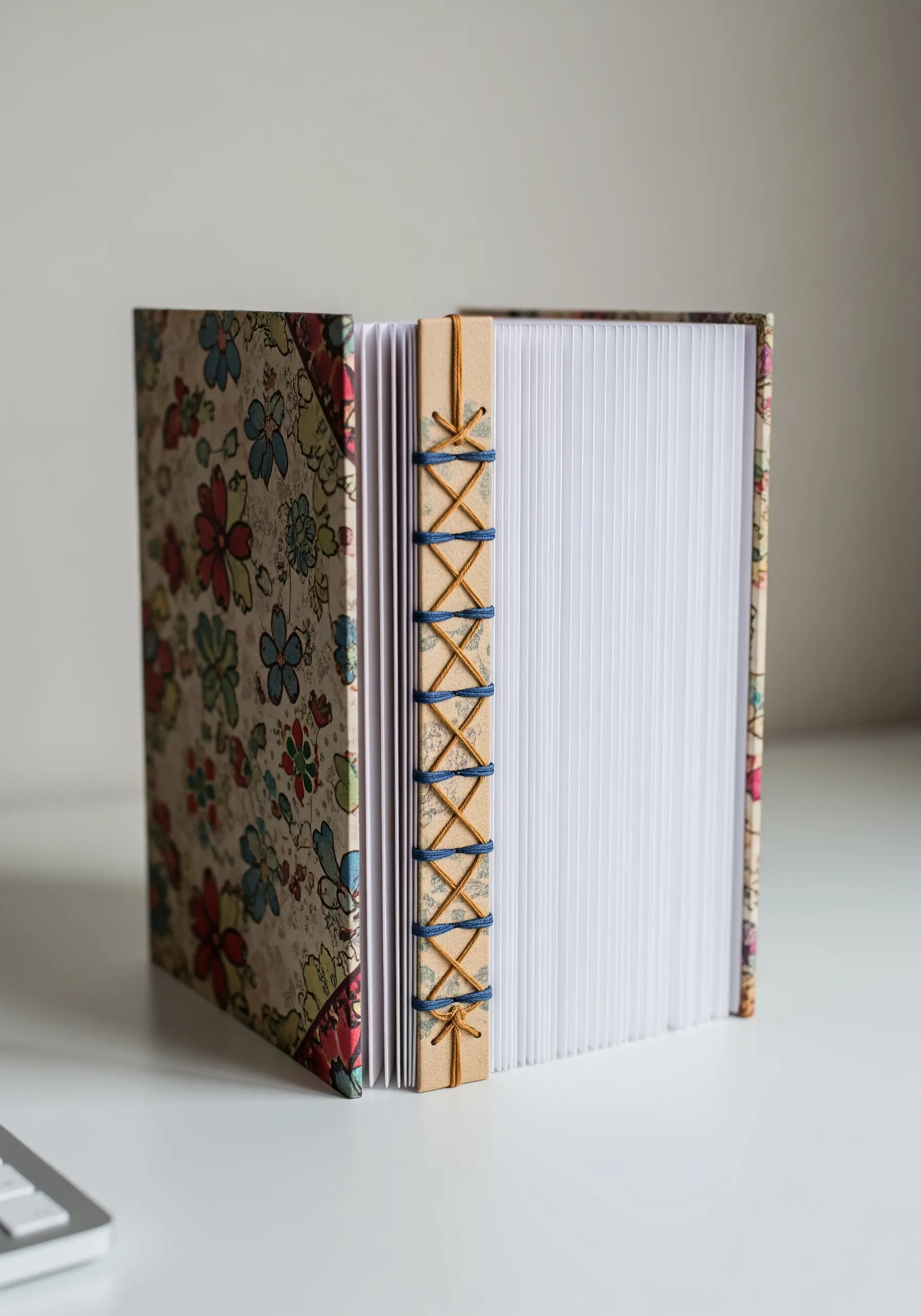 A handmade book with an exposed spine featuring a decorative Japanese stab binding stitch.