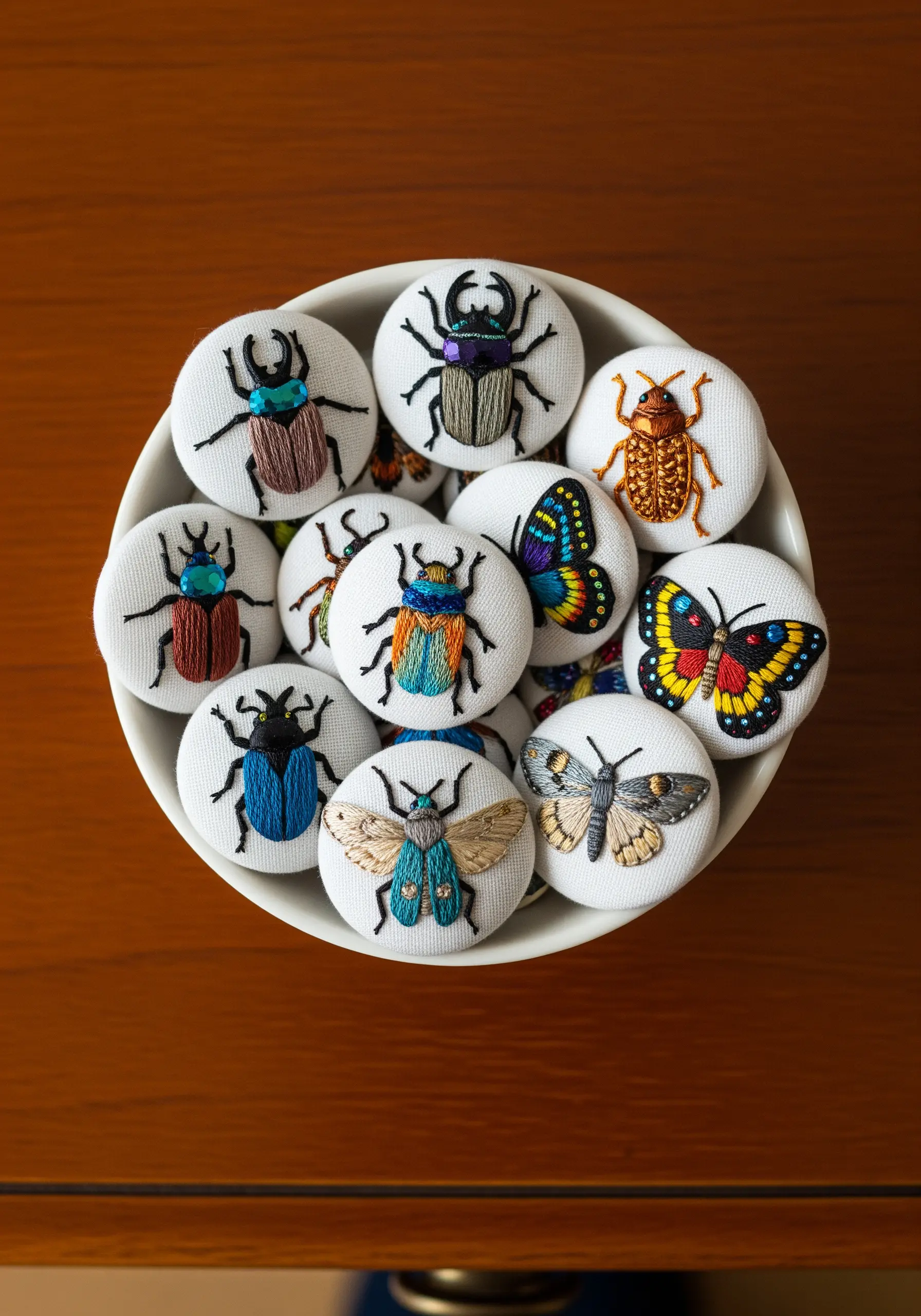 Collection of embroidered beetle buttons in a bowl