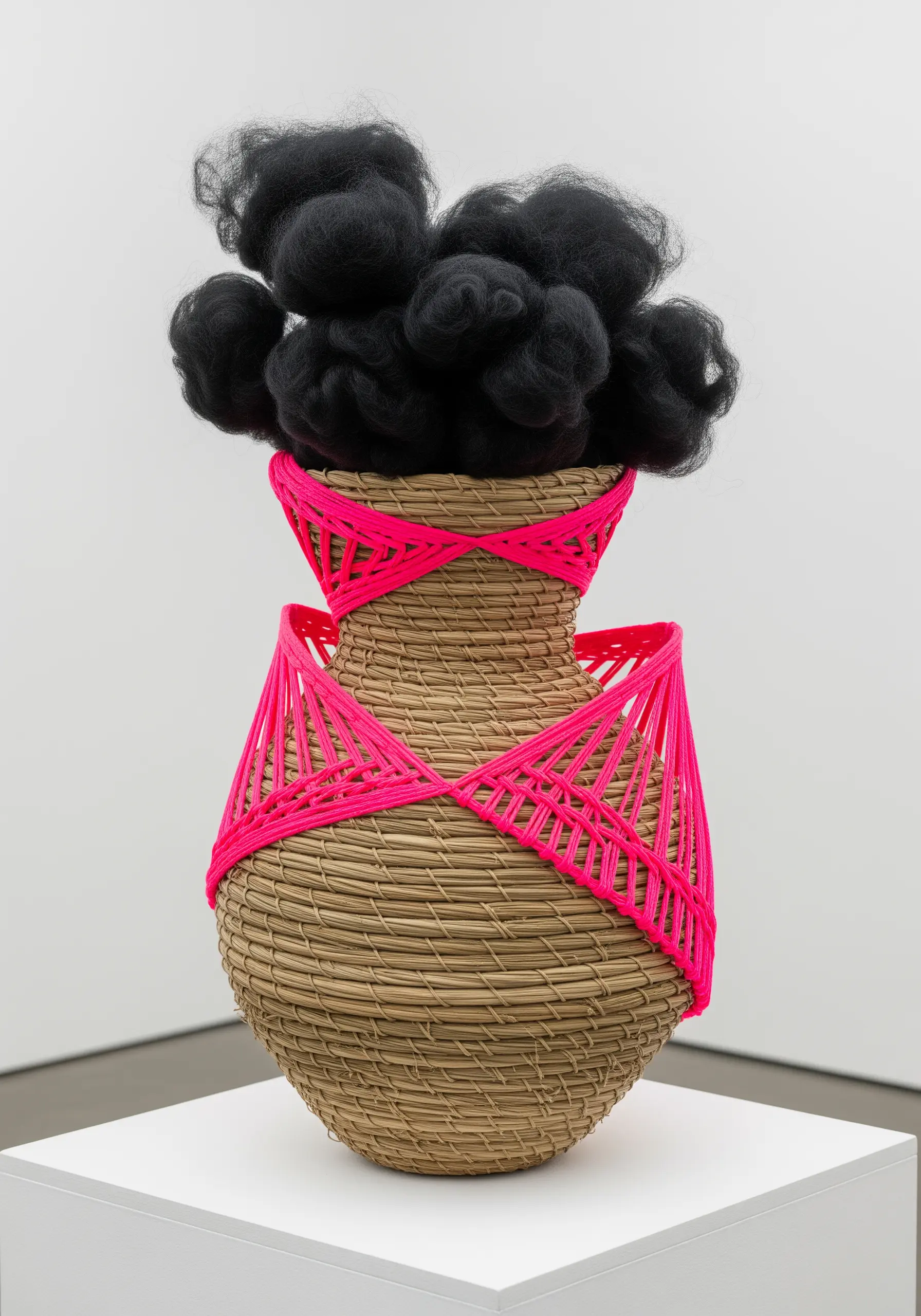 A woven basket transformed with neon pink yarn wraps and a cloud of black wool.