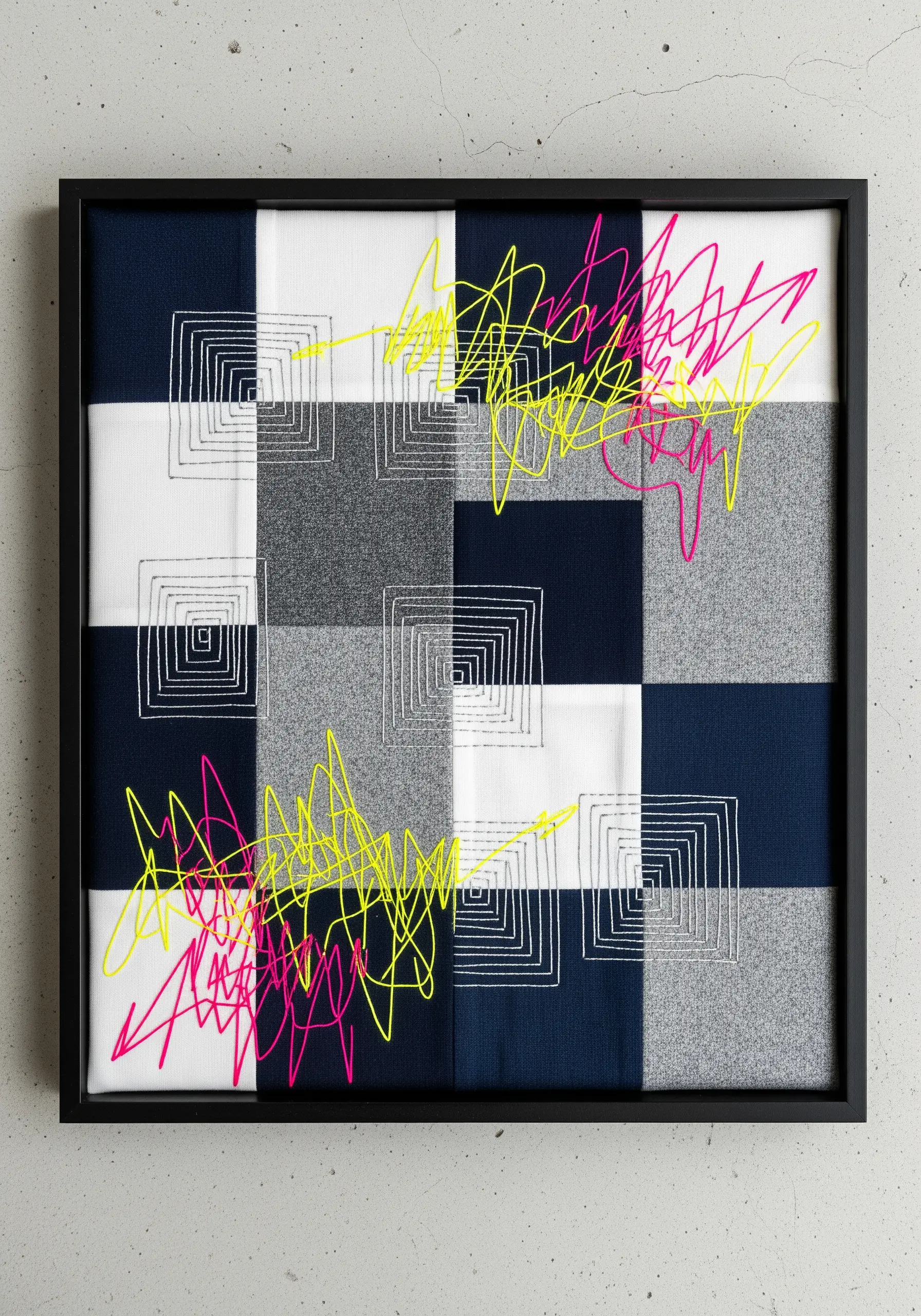 Framed textile art with geometric machine stitching and chaotic neon pink and yellow scribbles.