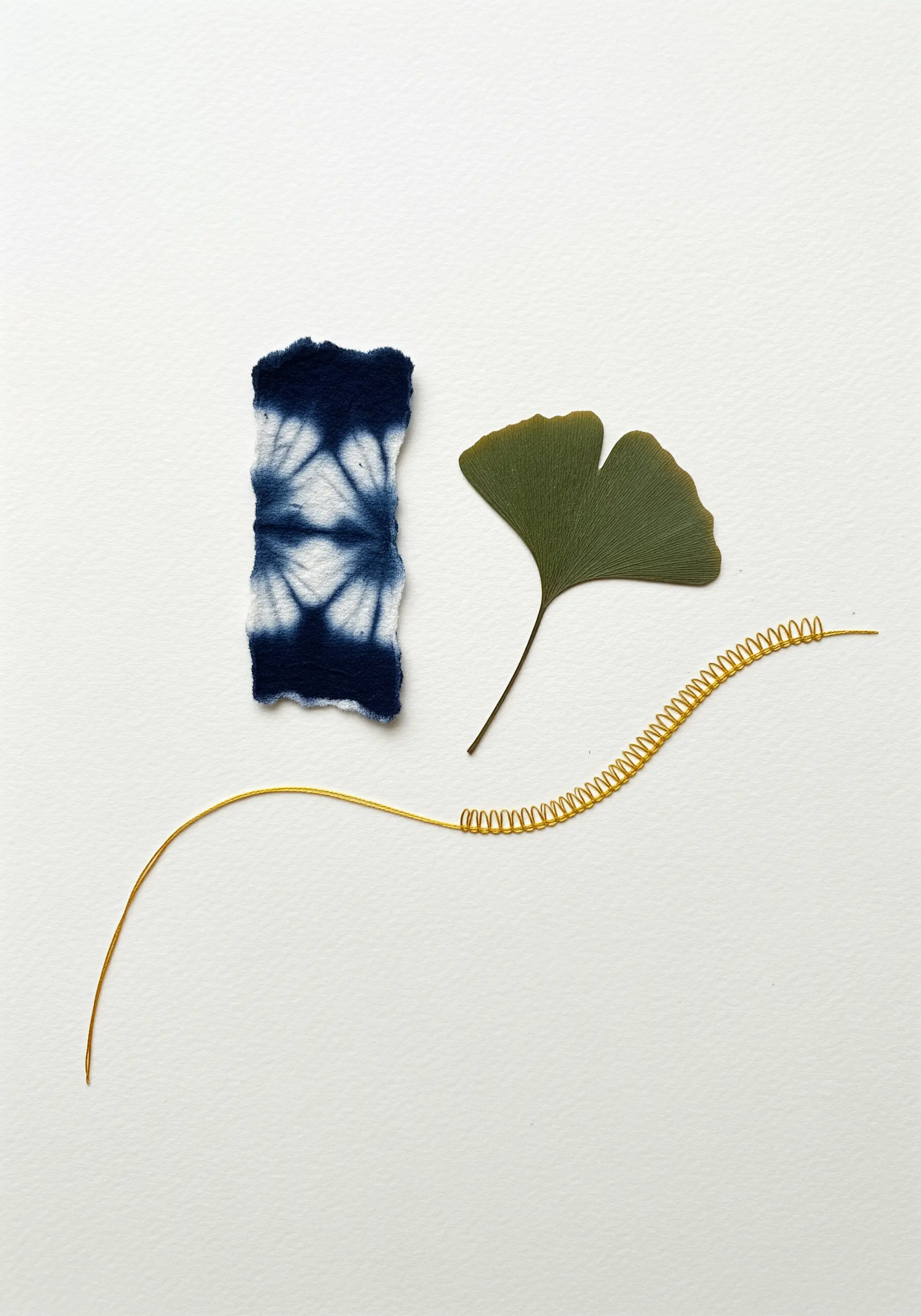 A minimalist composition of a ginkgo leaf, shibori fabric, and coiled gold wire.