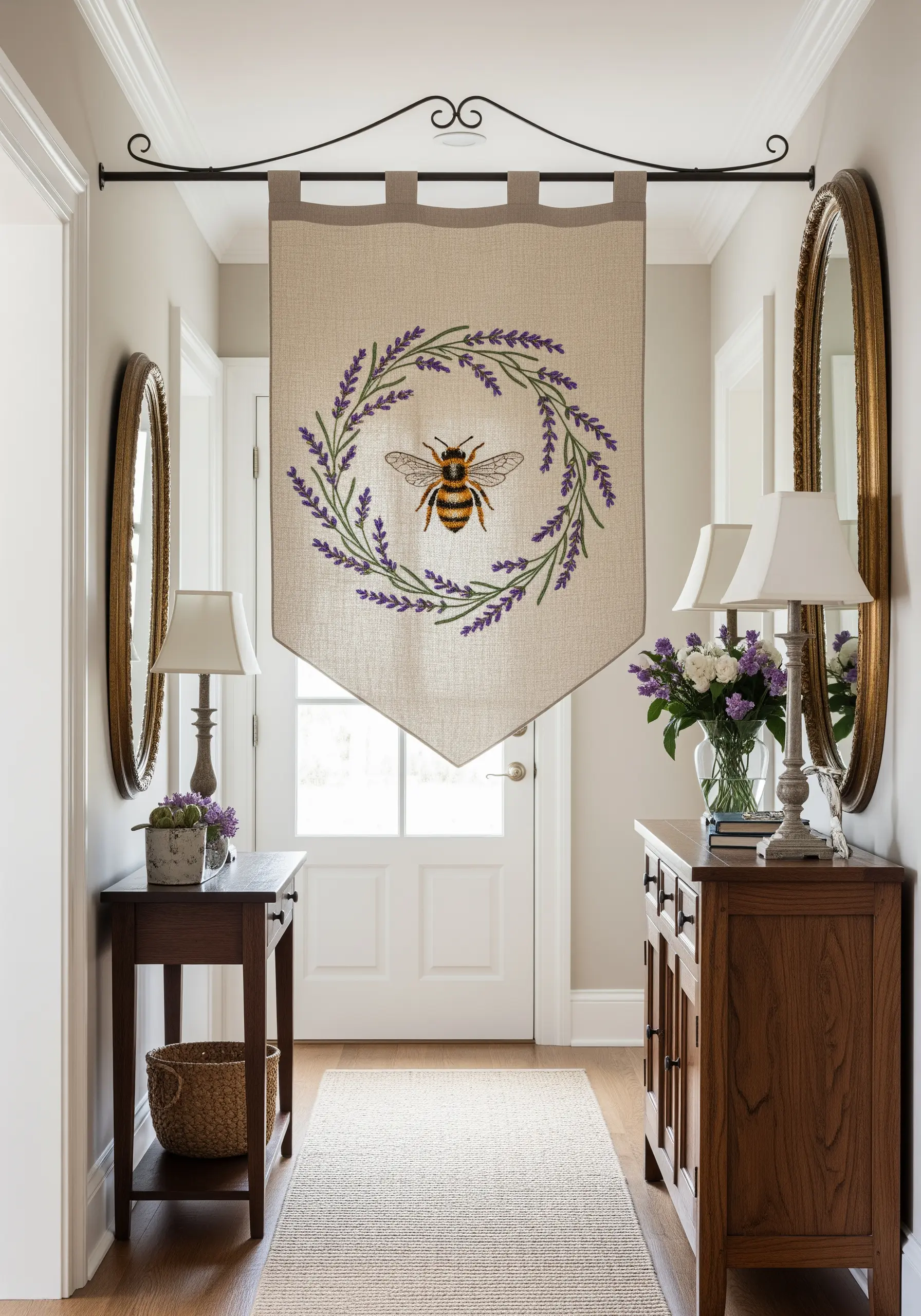 A rustic linen banner with a finely stitched bee and a lavender wreath.