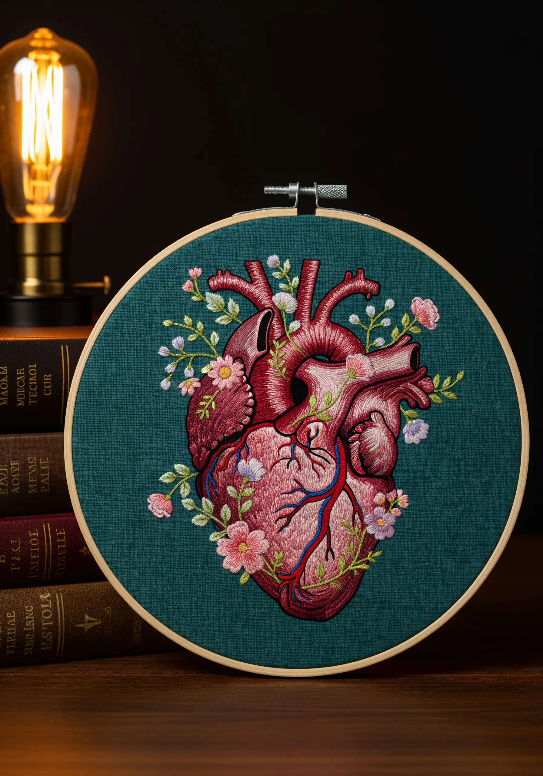 Anatomical heart embroidery intertwined with delicate pink and purple blooming flowers.