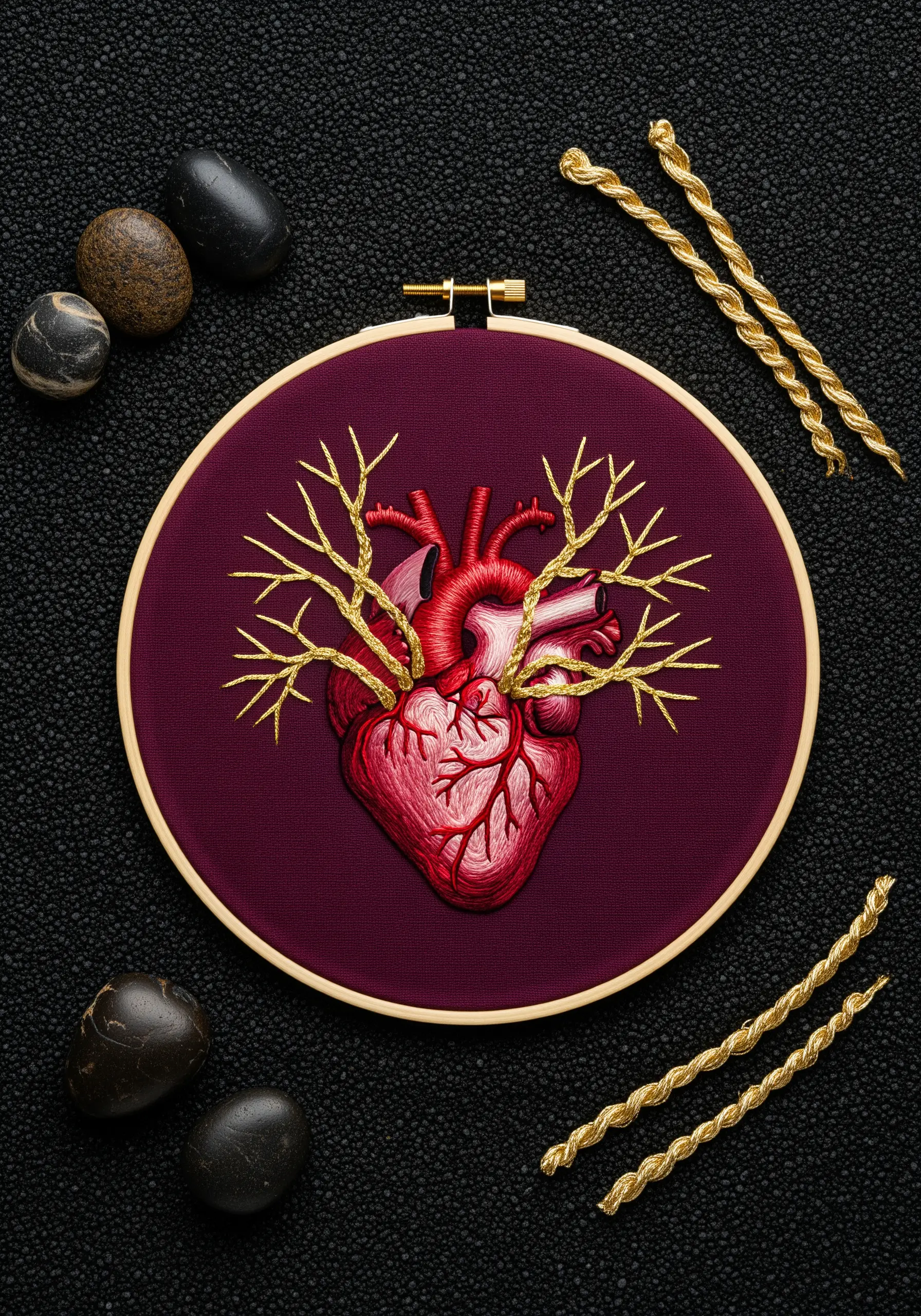 Anatomical heart embroidery in red, with gold metallic thread branching out like trees.
