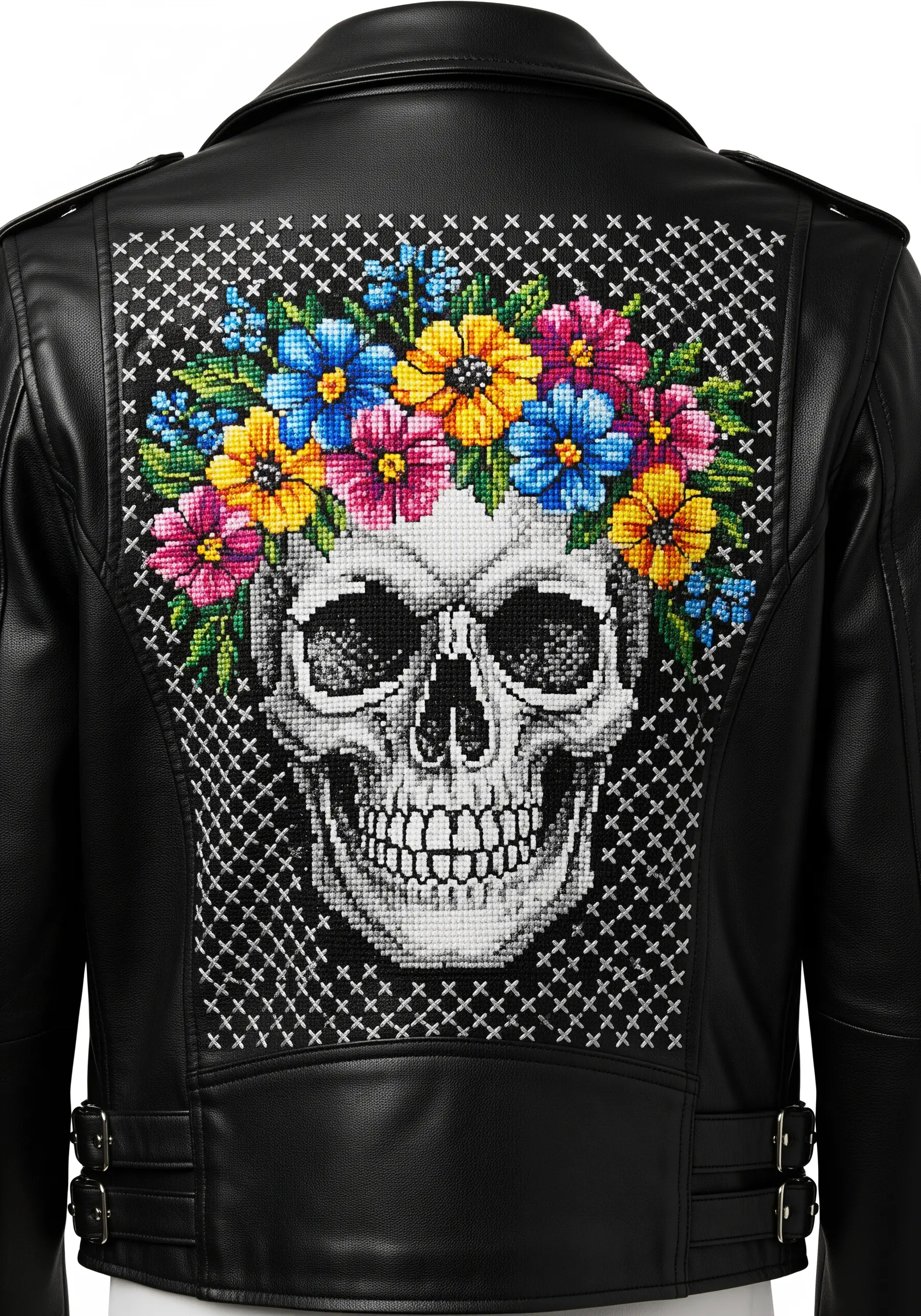 A detailed cross-stitch of a skull with a floral crown on the back of a black leather jacket.