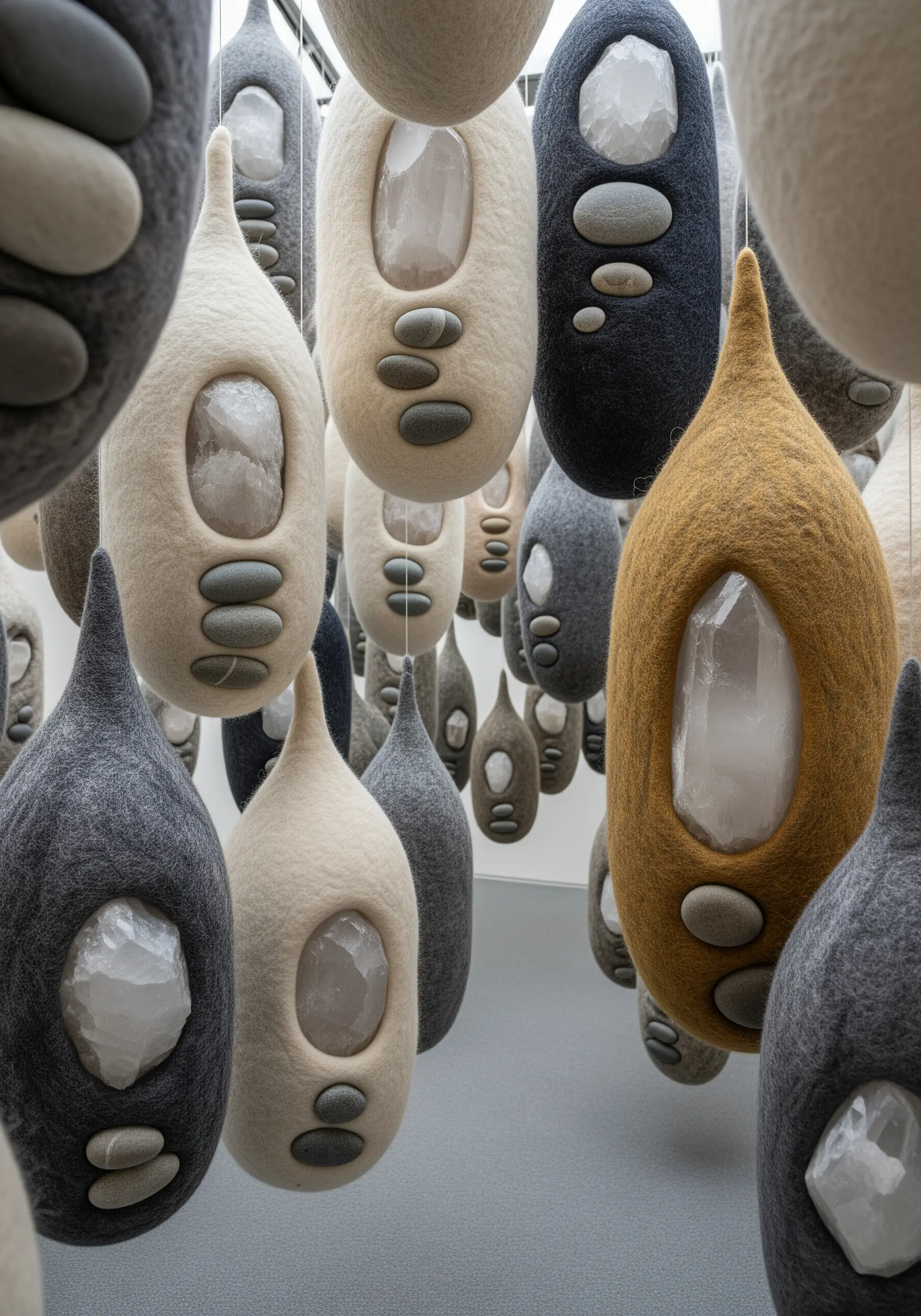 Hanging felted pods in neutral colors, each containing a large, raw crystal.