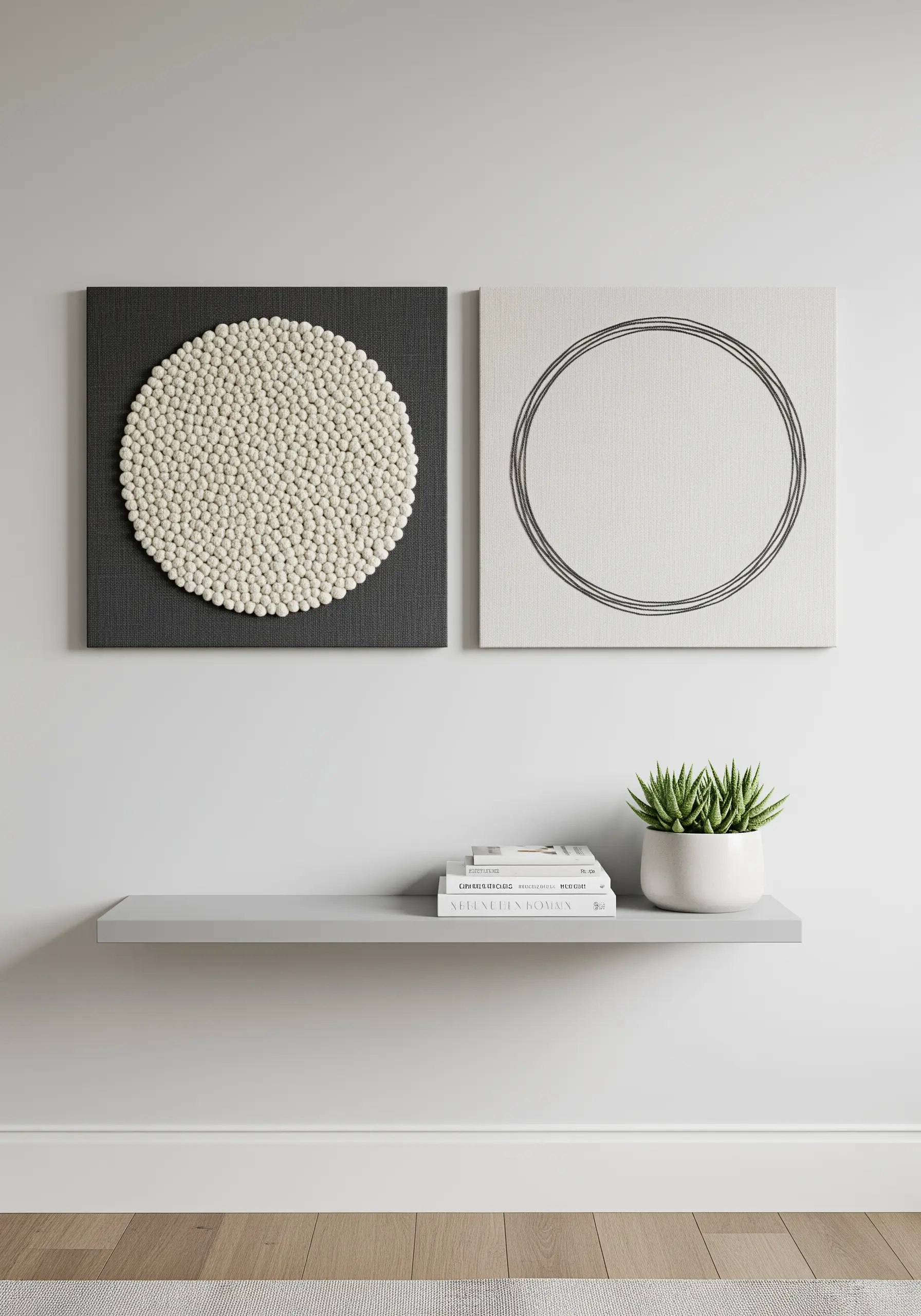 A pair of wall panels: one with a textured circle of French knots, the other with a simple line circle.