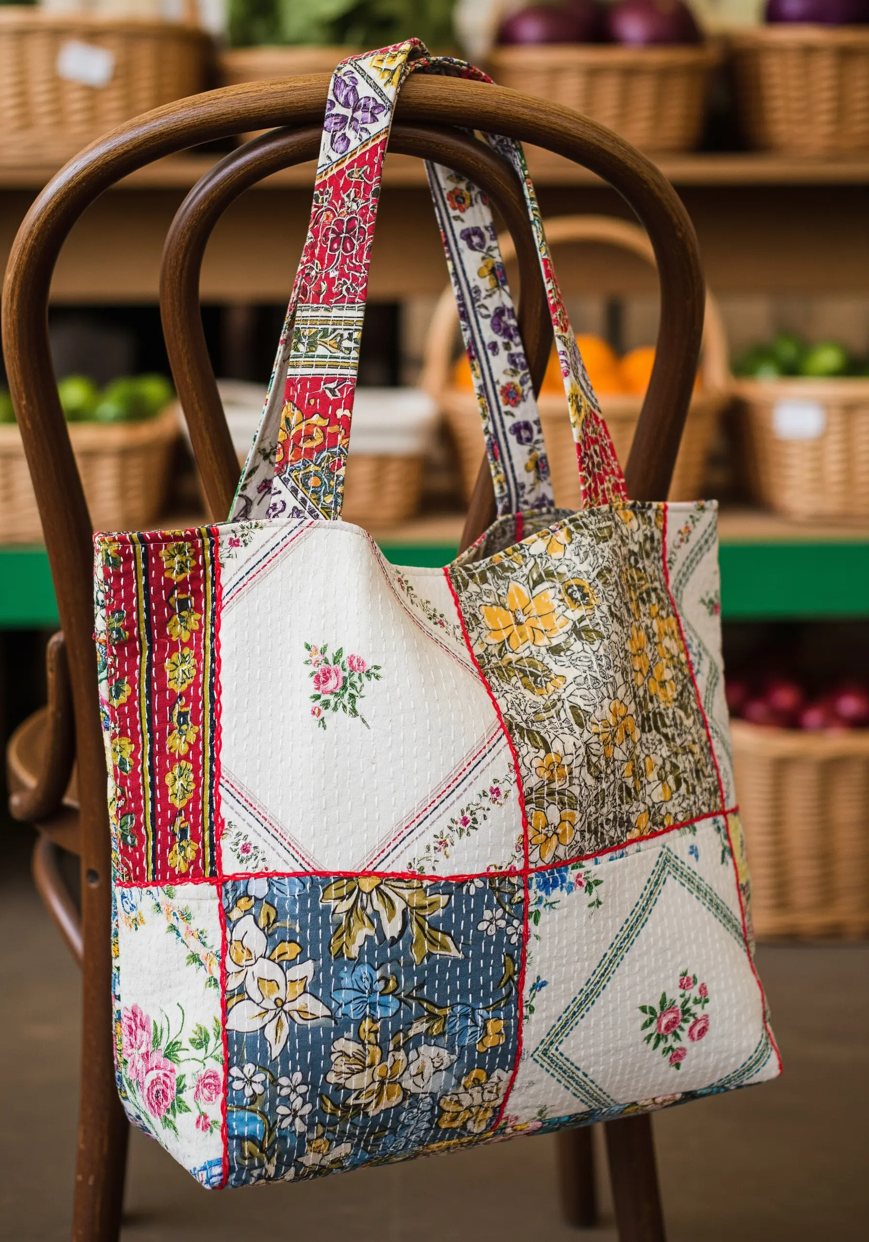 Kantha stitching on patchwork tote bag