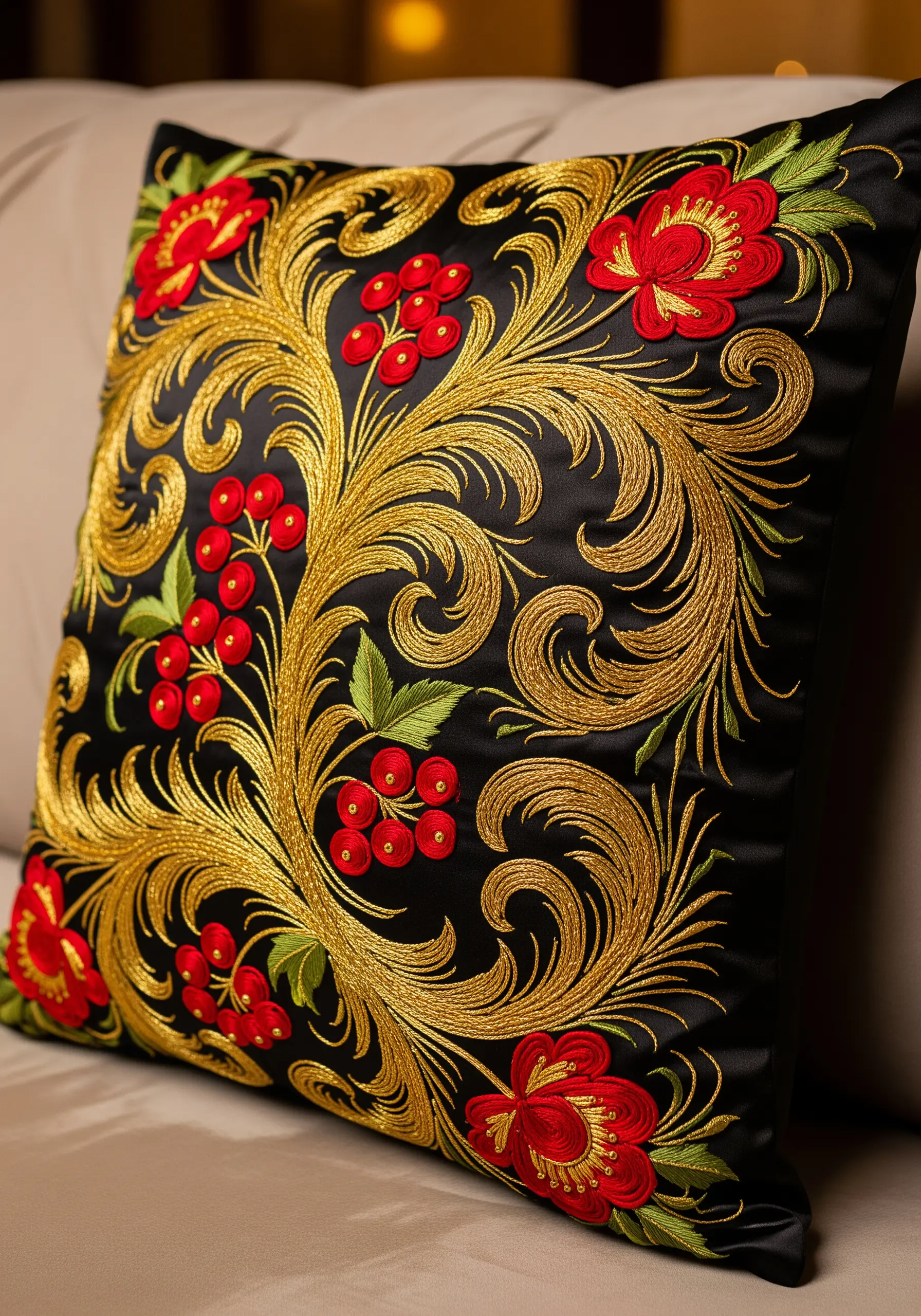 A black satin pillow with ornate gold, red, and green Khokhloma-style embroidery.