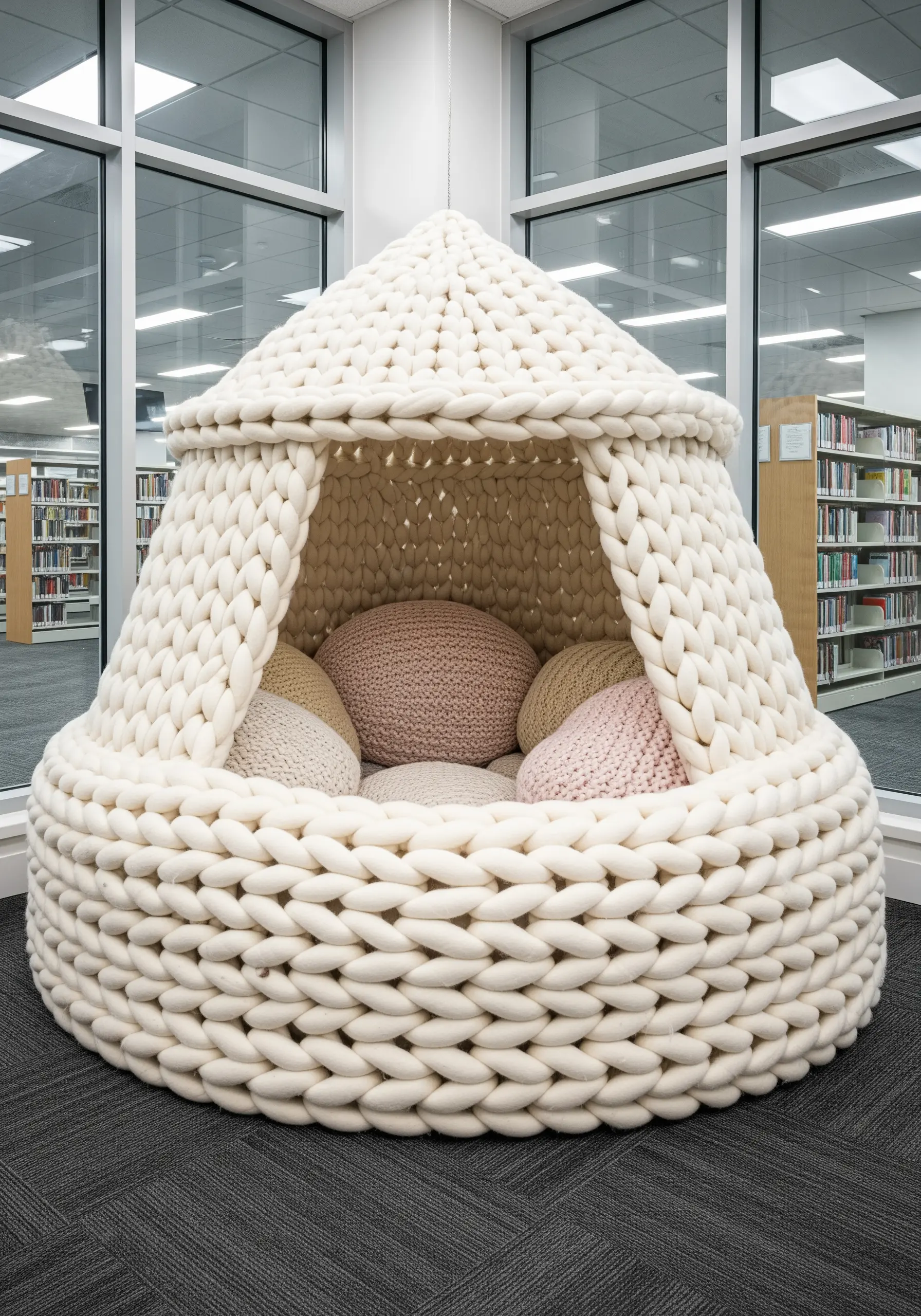 A cozy, tent-like reading nook made from giant, chunky-knit off-white yarn in a library.
