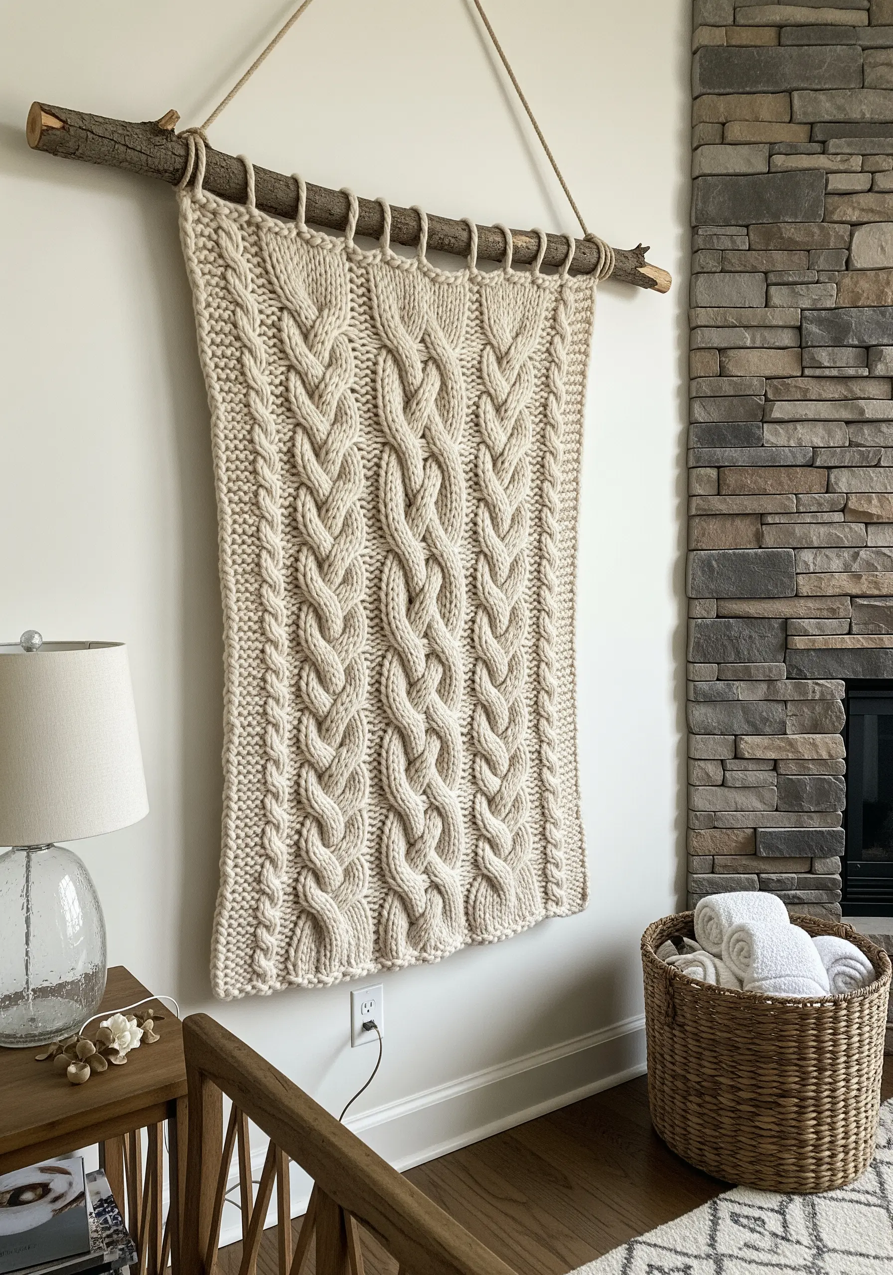 A chunky cable-knit wall hanging in a neutral cream color, mounted on a rustic branch.