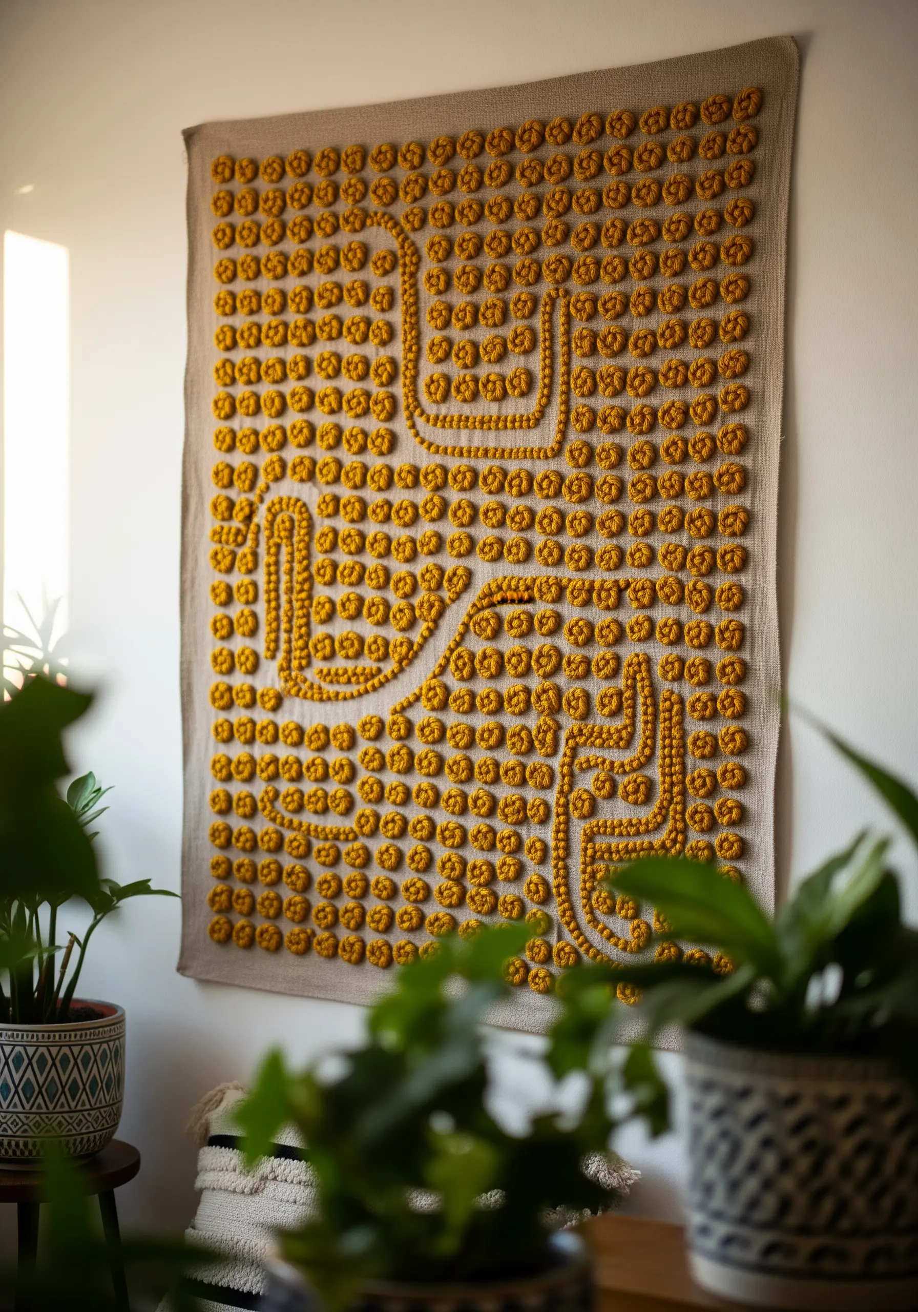 Yellow textured embroidery with dense knot patterns