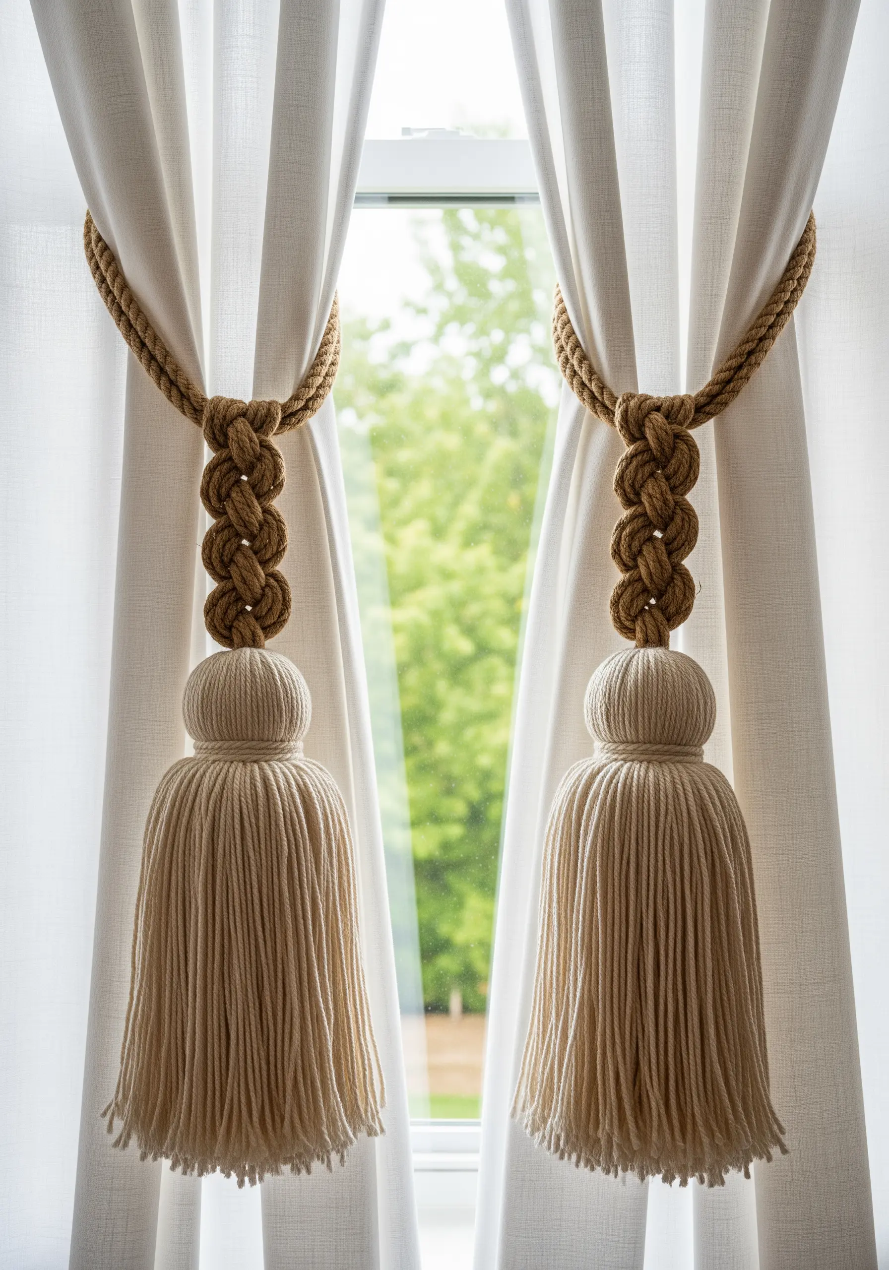 Two thick, natural rope curtain tie-backs with large cream tassels and decorative knots.