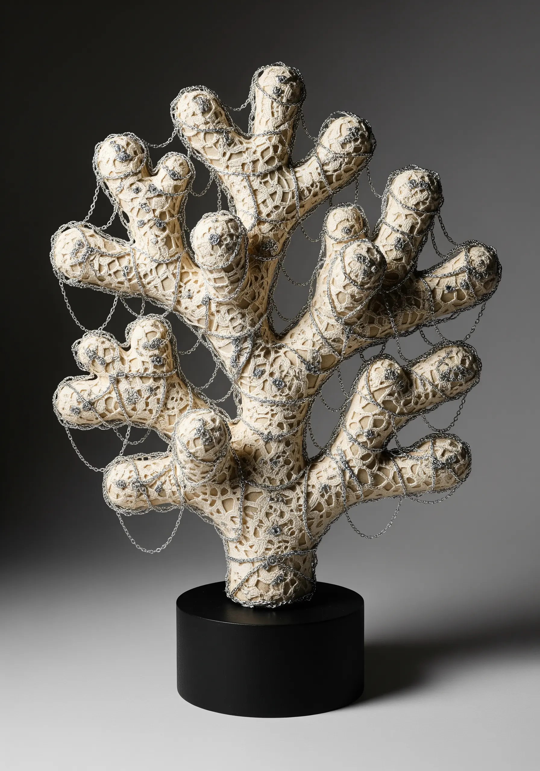 Lace coral sculpture with silver chains