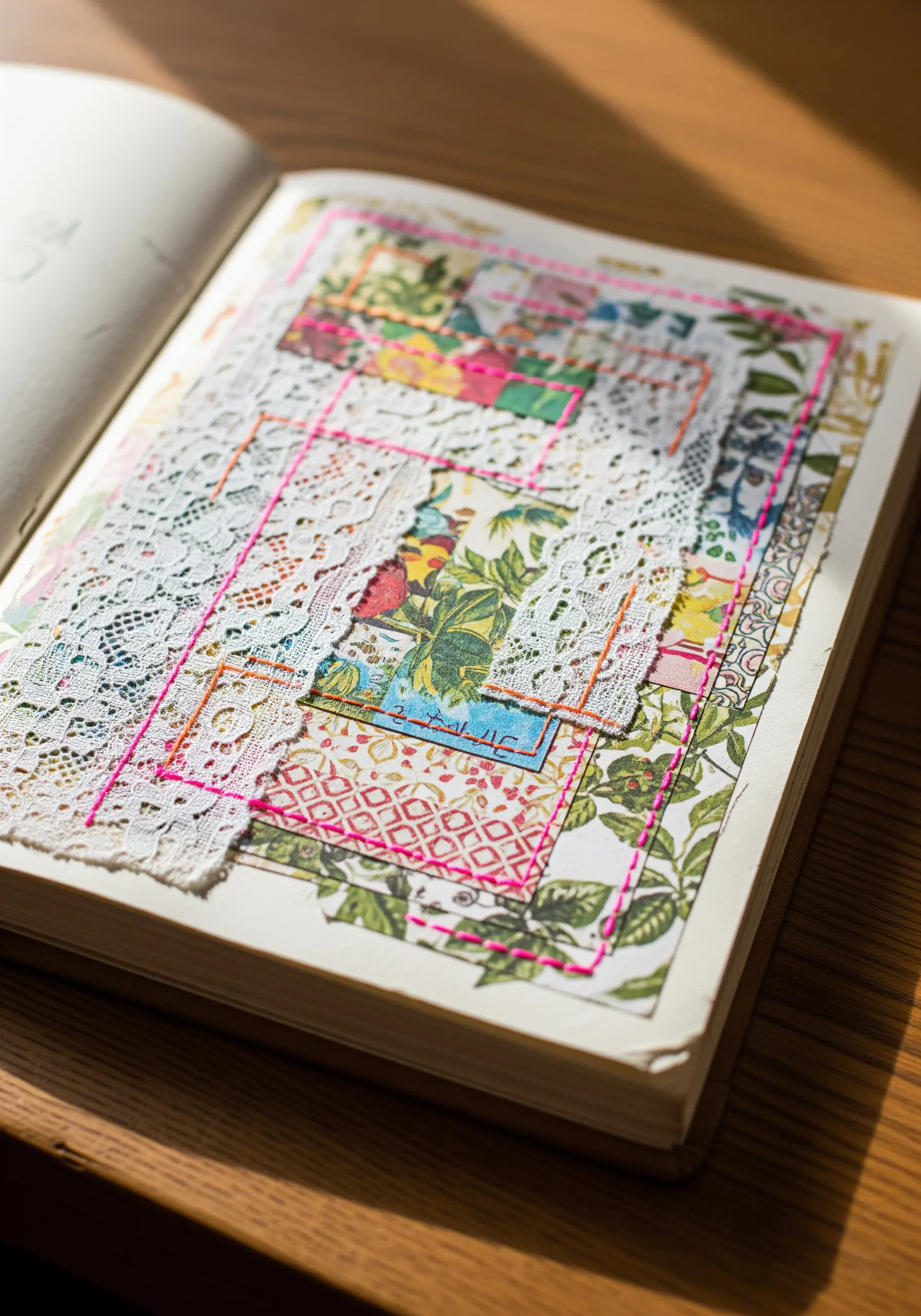 Journal page with lace and paper stitched with pink thread