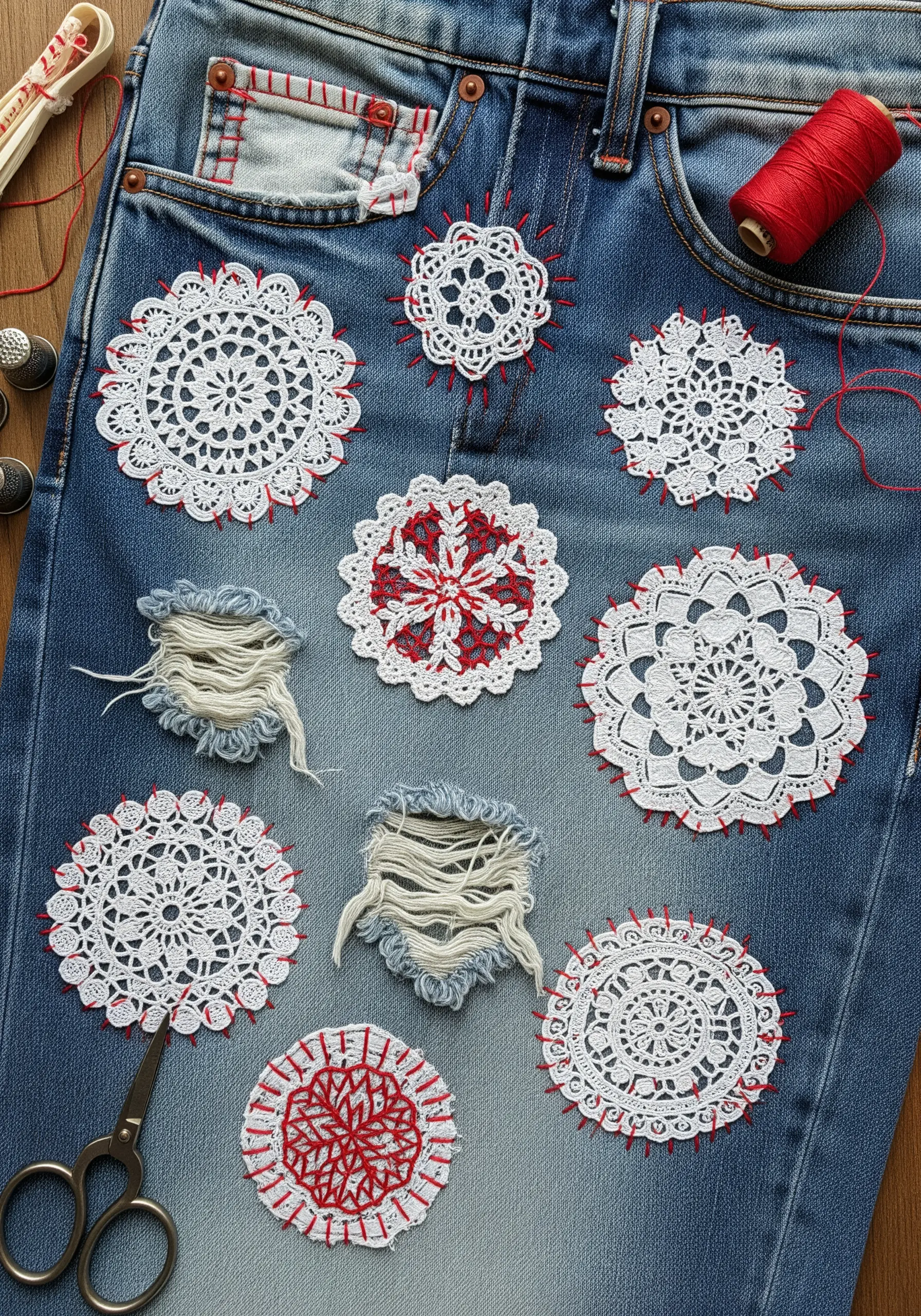 Denim jeans patched with white lace doilies and red stitching
