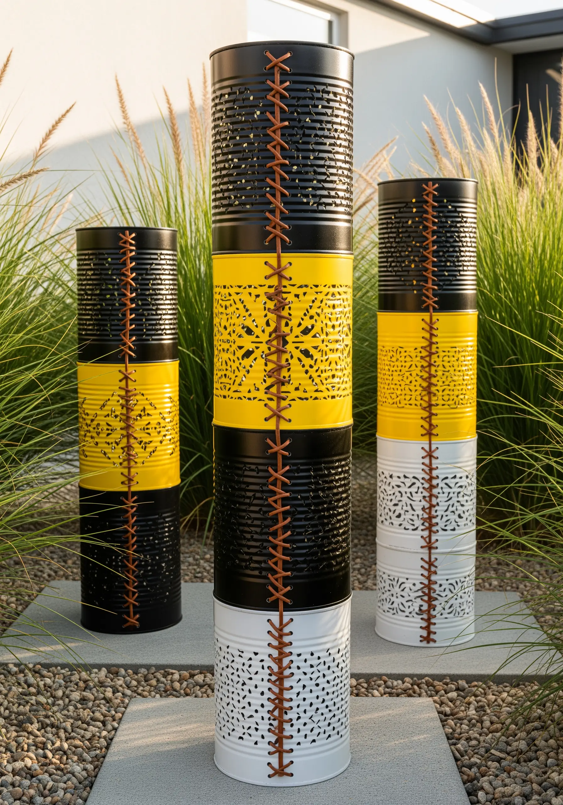 Three totem-like sculptures made from stacked metal cans laced together with brown leather cord.