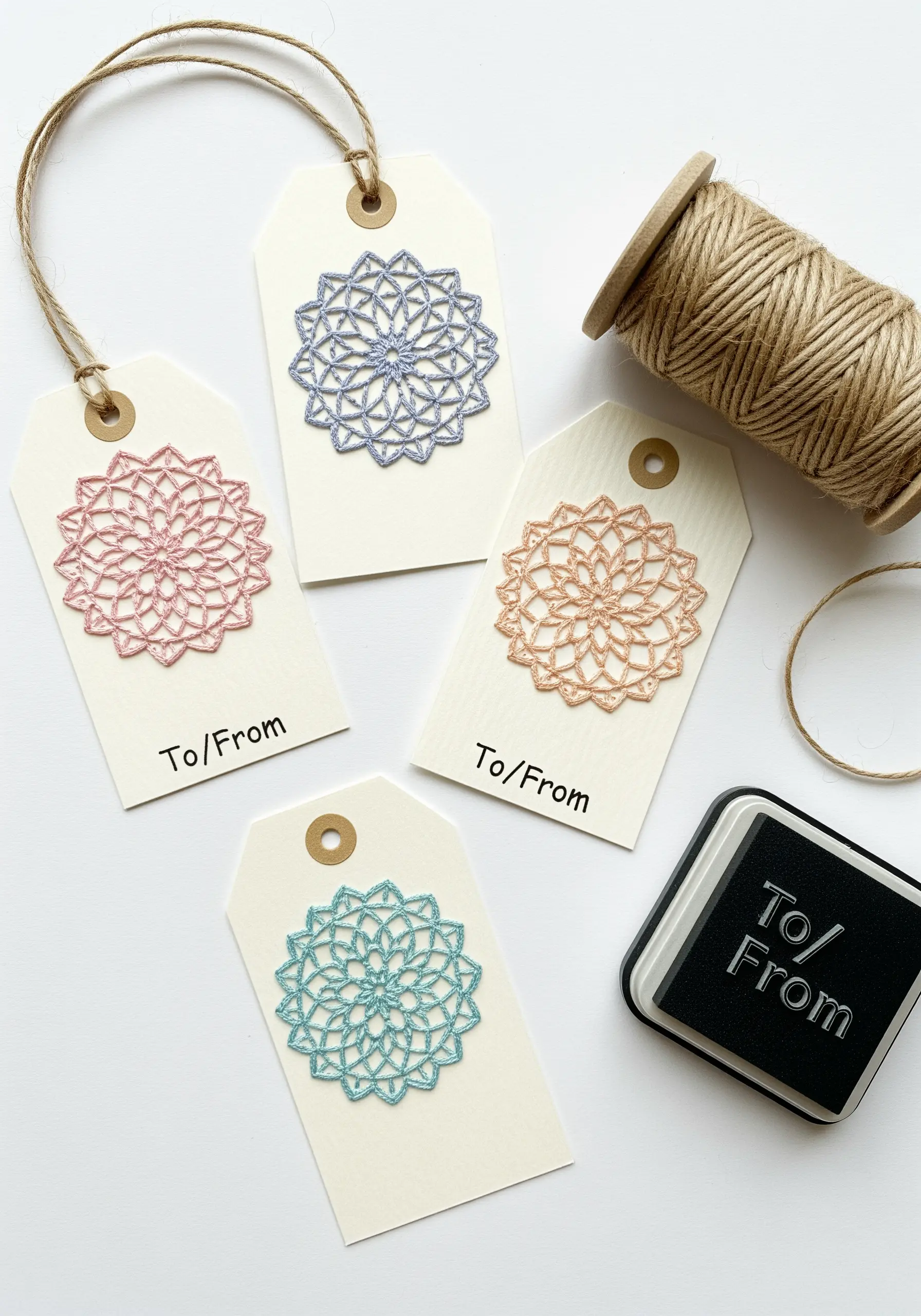 Delicate pastel-colored mandalas embroidered on cream-colored gift tags.