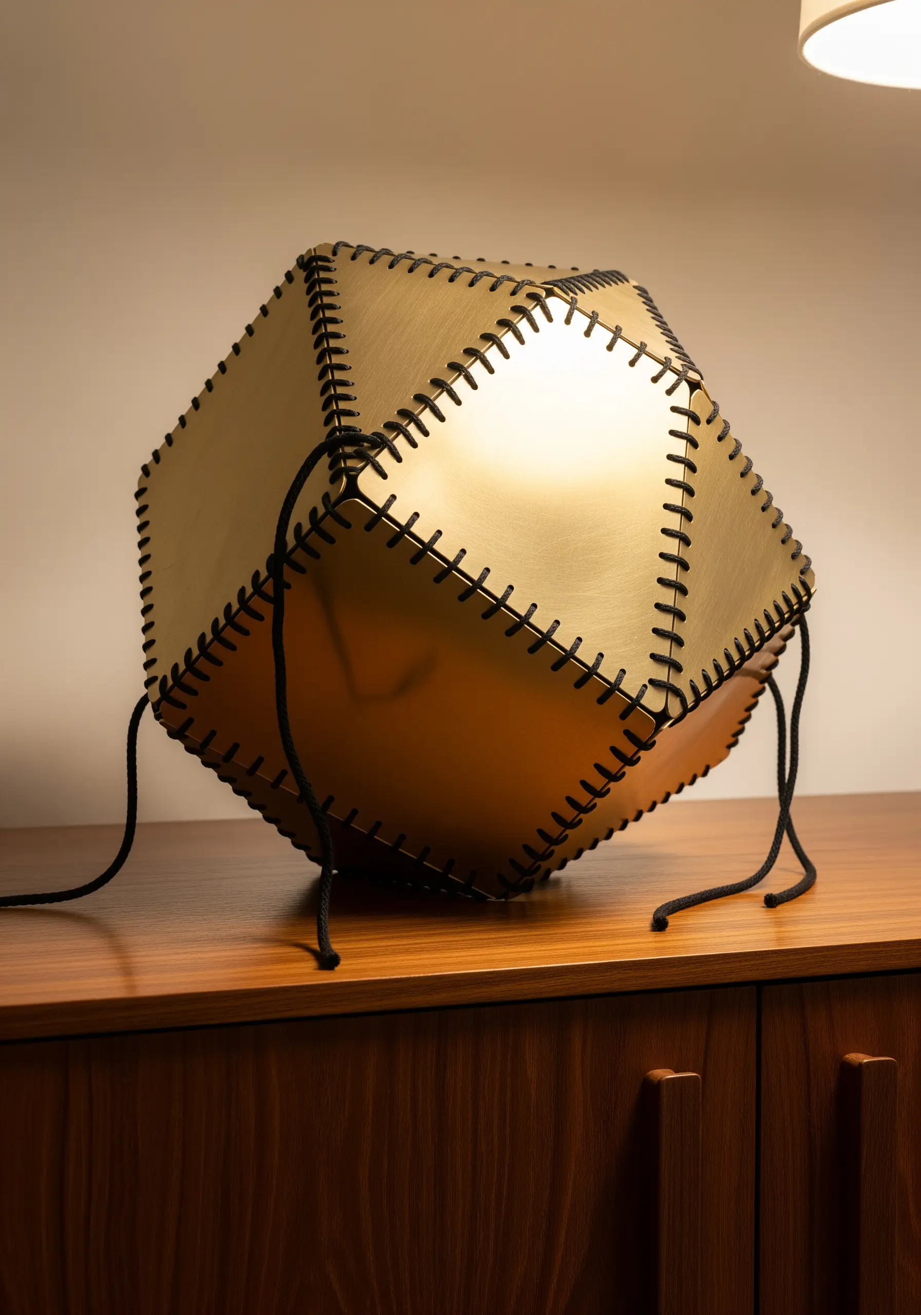 A geometric brass lantern sitting on a wooden table, its panels joined together by a thick black cord.