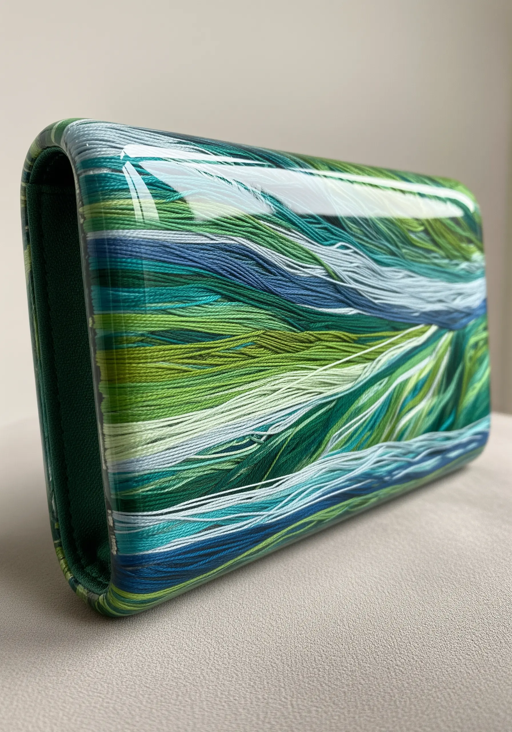A clutch covered in layered green and blue threads, sealed with a glossy resin finish.