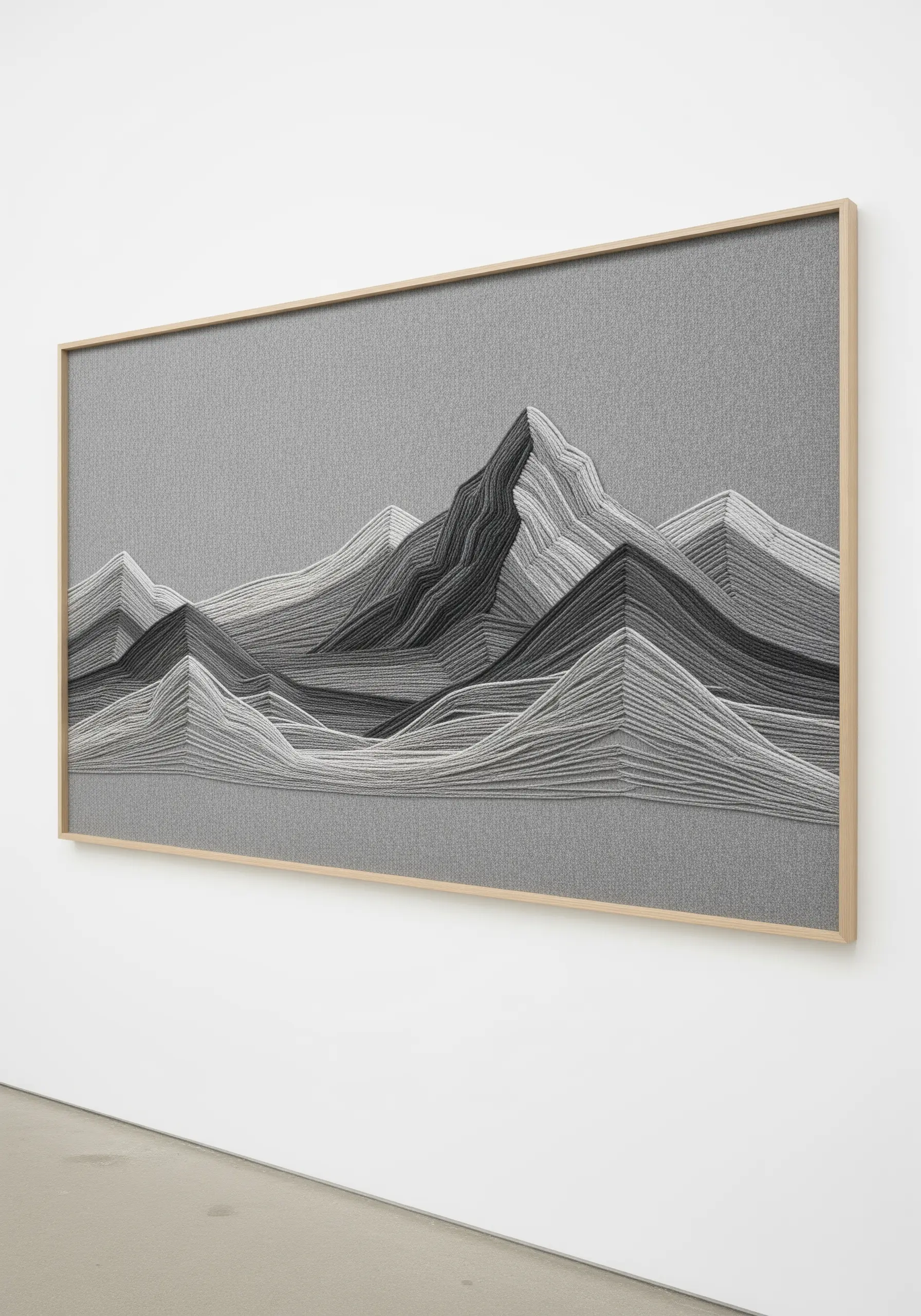 Monochrome thread landscape with layered straight stitches creating mountains.