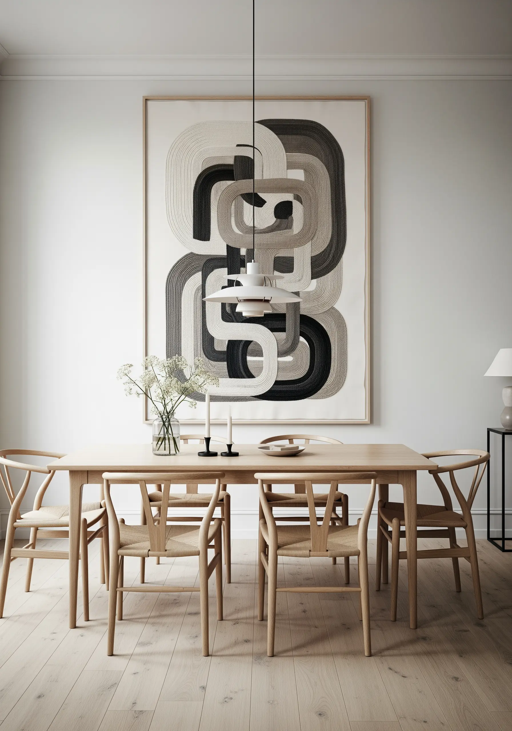 A very large framed embroidery of abstract, overlapping loops in black, grey, and beige gradients.