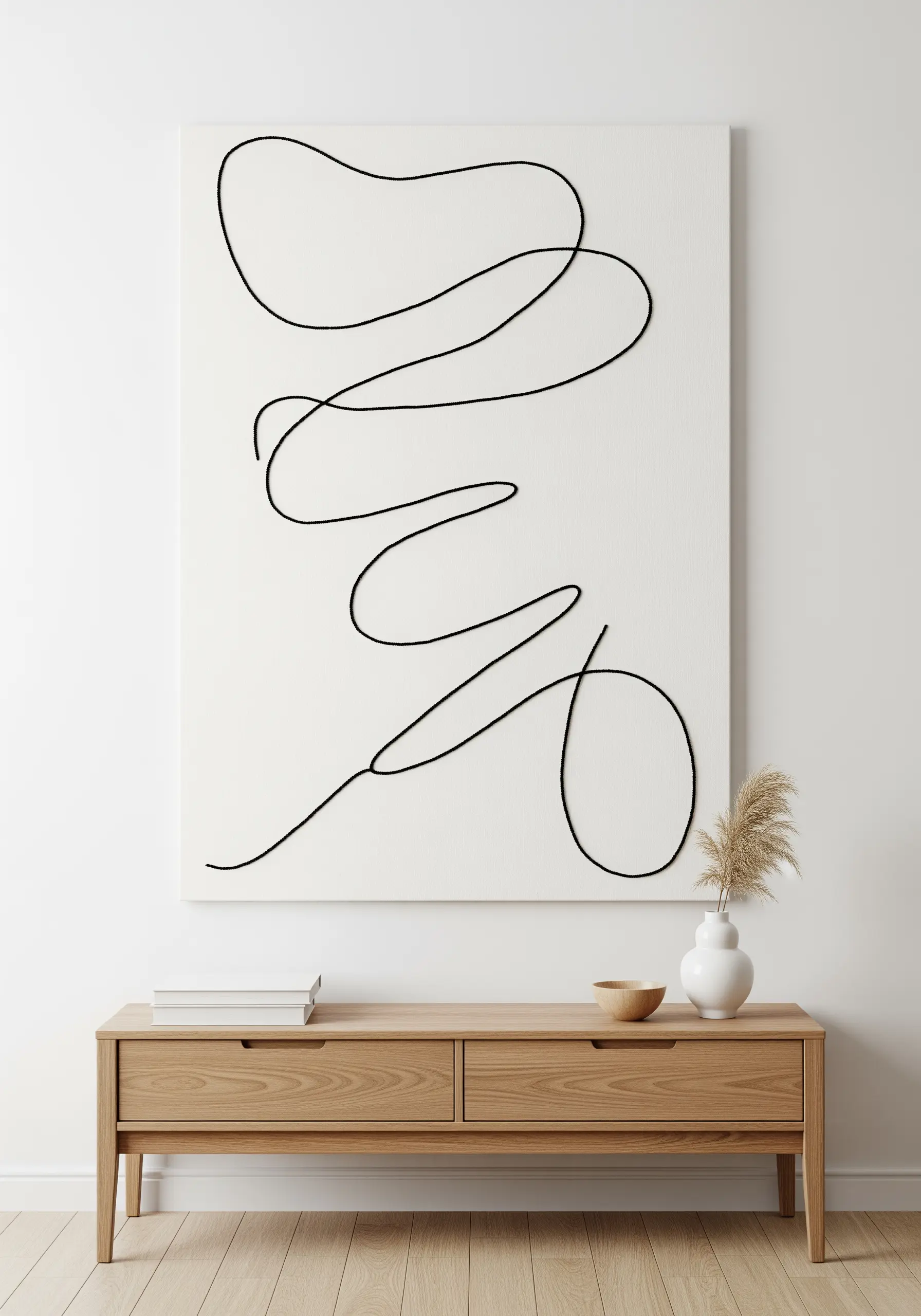 A large white canvas with a single, thick black abstract line creating a fluid shape.