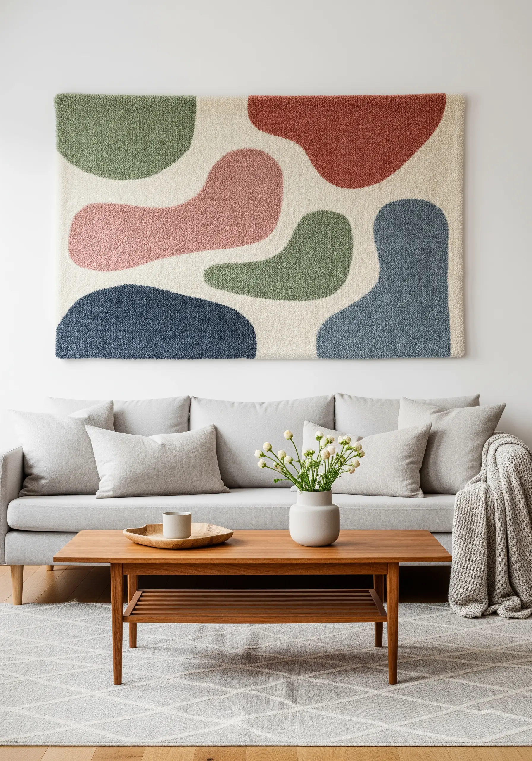 Large rectangular wall tapestry with abstract blobs in green, pink, blue and red